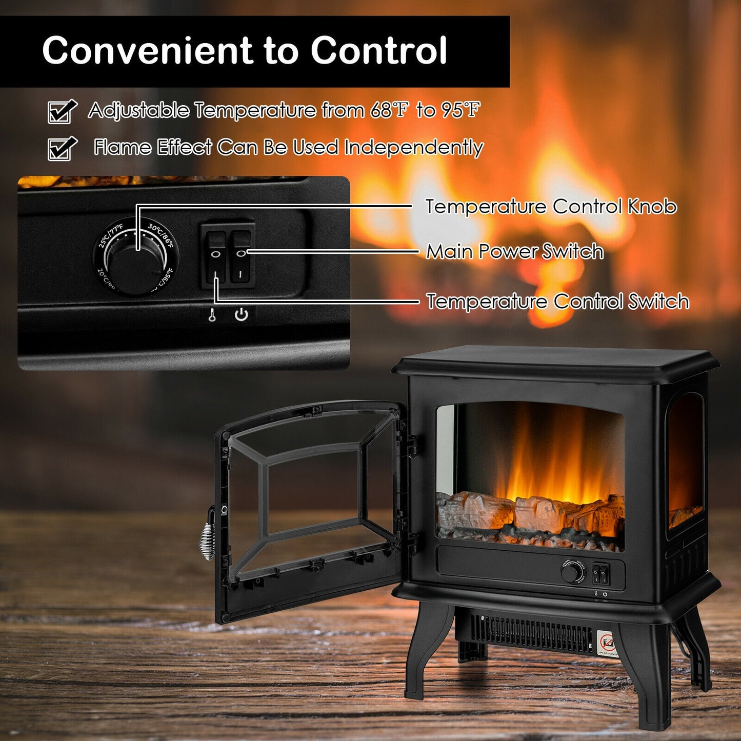 Freestanding Electric Fireplace Heater with Lifelike Dancing Flame Effect