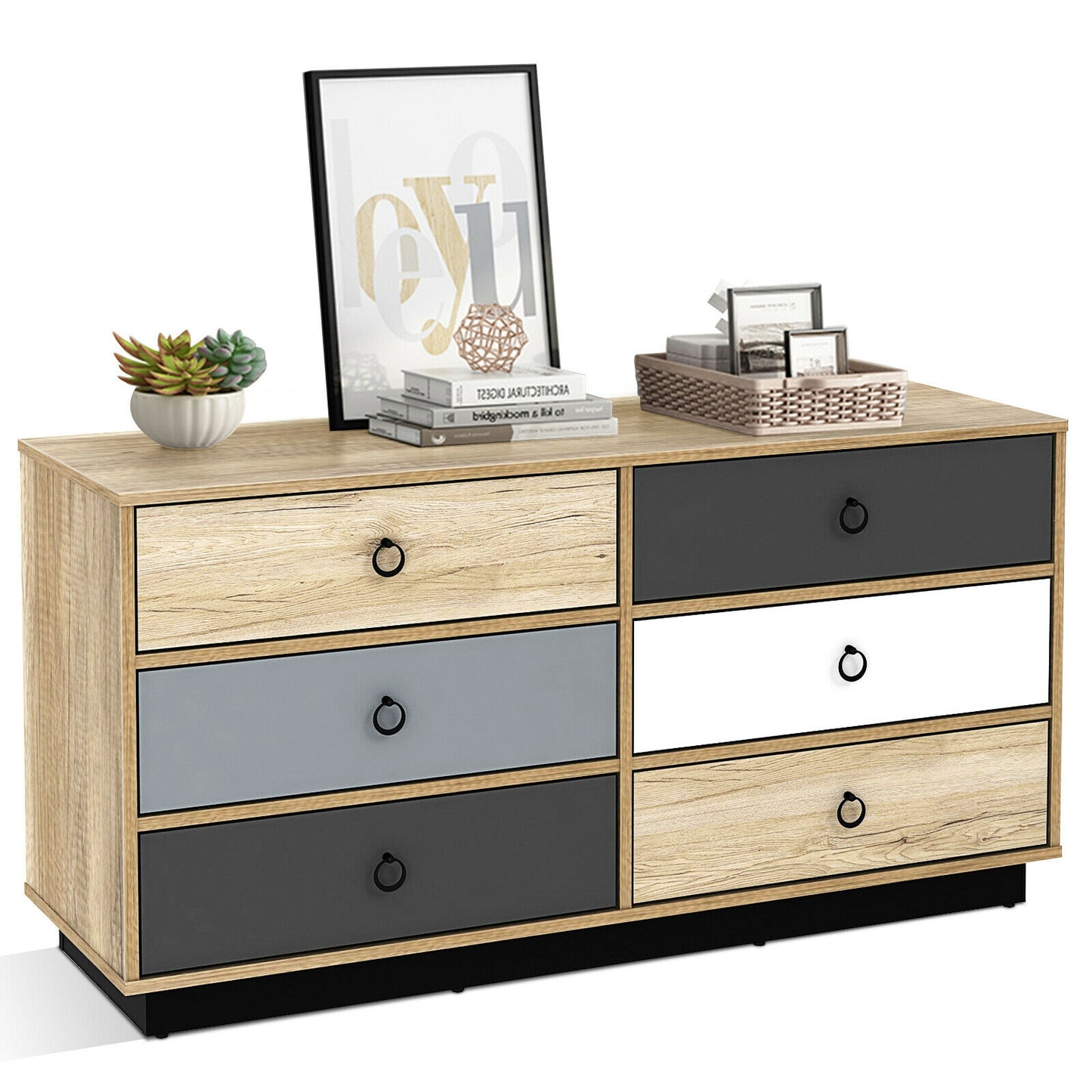 Modern 6 Drawer Double Dresser Storage Cabinet with Wide Top, Wood Organizer for Bedroom and Entryway