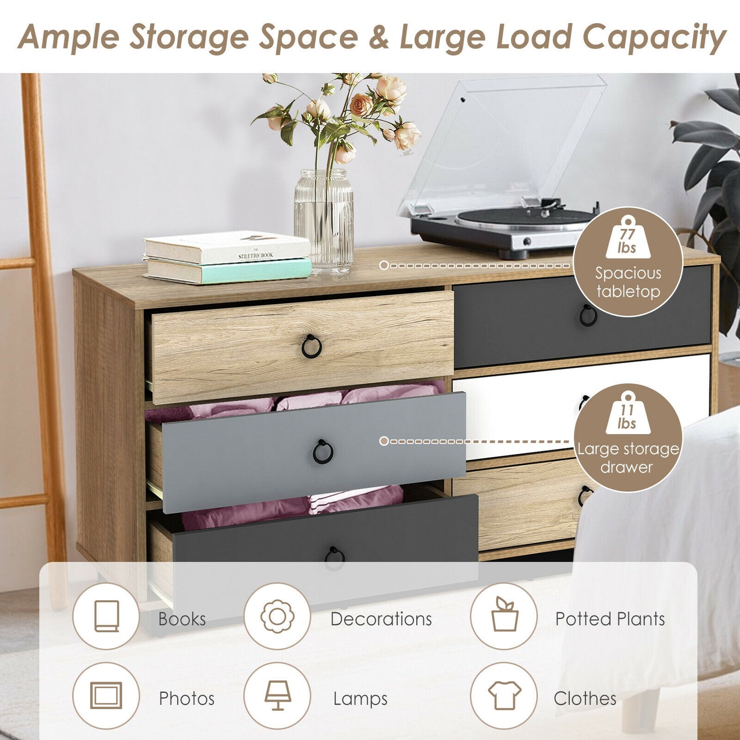 Modern 6 Drawer Double Dresser Storage Cabinet with Wide Top, Wood Organizer for Bedroom and Entryway