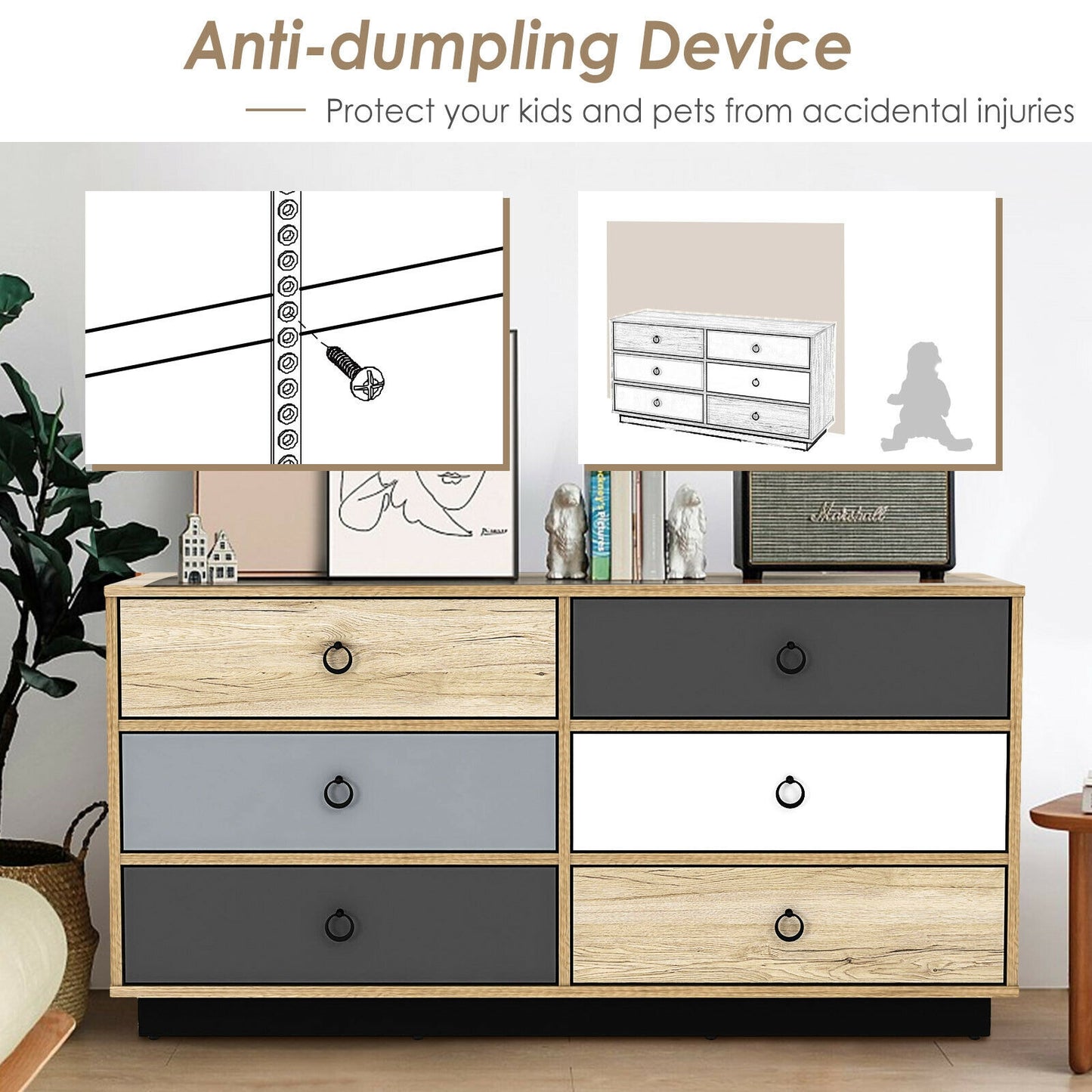 Modern 6 Drawer Double Dresser Storage Cabinet with Wide Top, Wood Organizer for Bedroom and Entryway