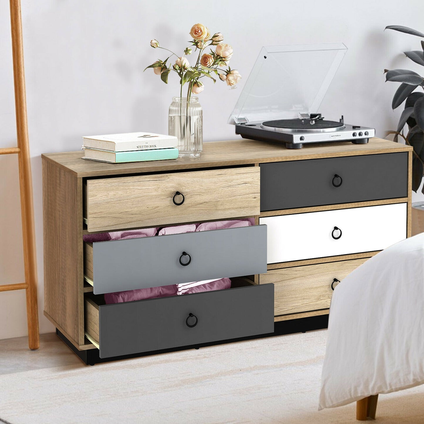 Modern 6 Drawer Double Dresser Storage Cabinet with Wide Top, Wood Organizer for Bedroom and Entryway