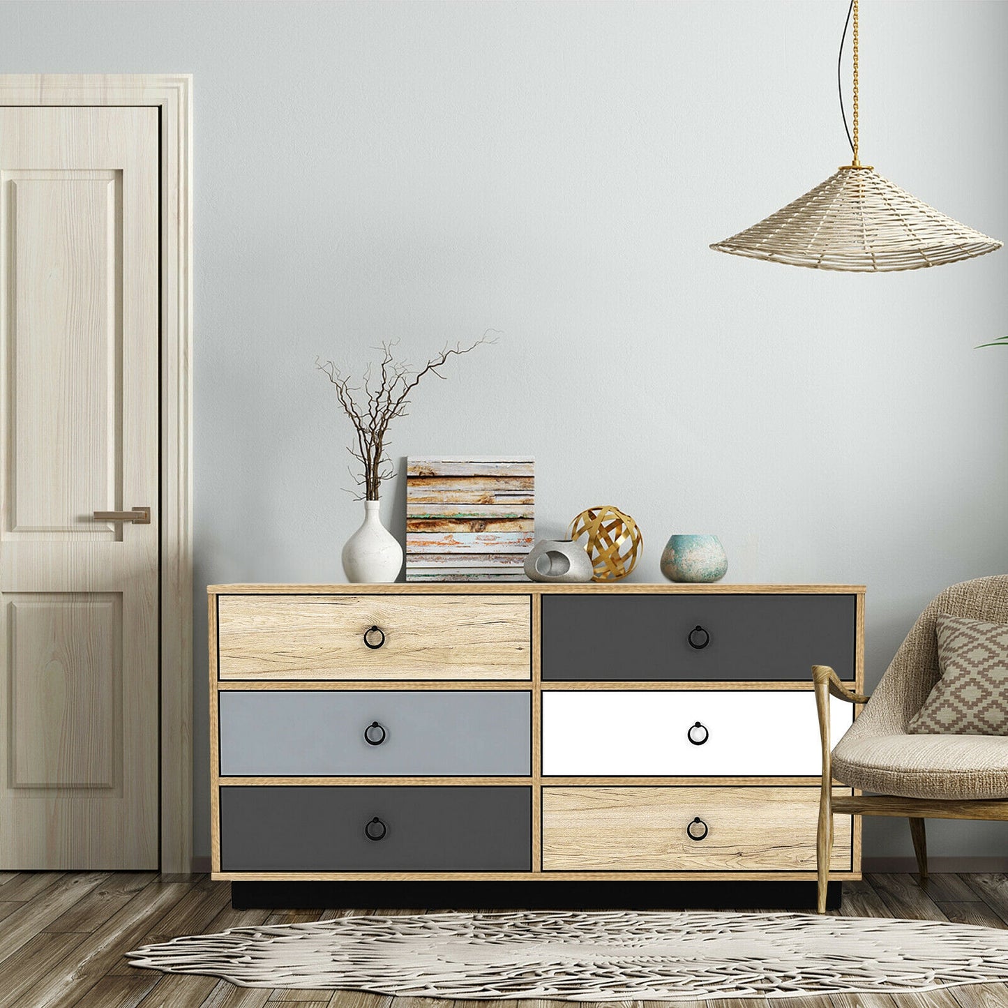 Modern 6 Drawer Double Dresser Storage Cabinet with Wide Top, Wood Organizer for Bedroom and Entryway
