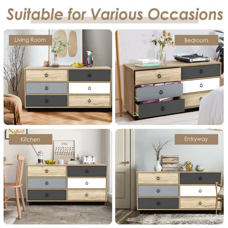 Modern 6 Drawer Double Dresser Storage Cabinet with Wide Top, Wood Organizer for Bedroom and Entryway