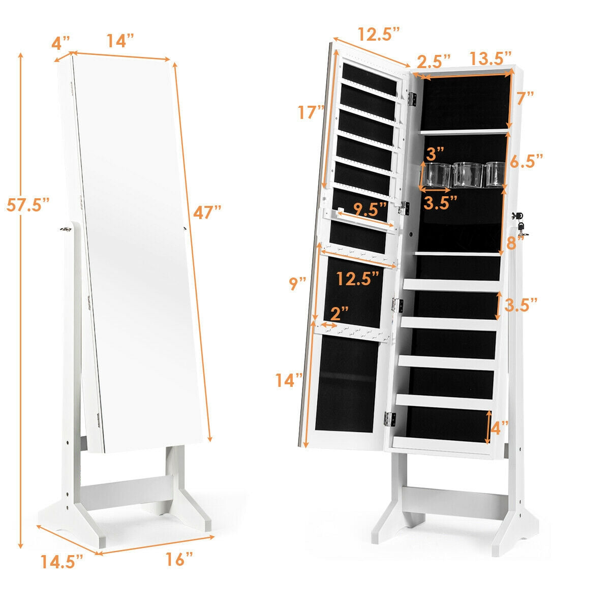 Freestanding Jewelry Armoire with Full-Length Mirror and Lockable Storage Organizer – White