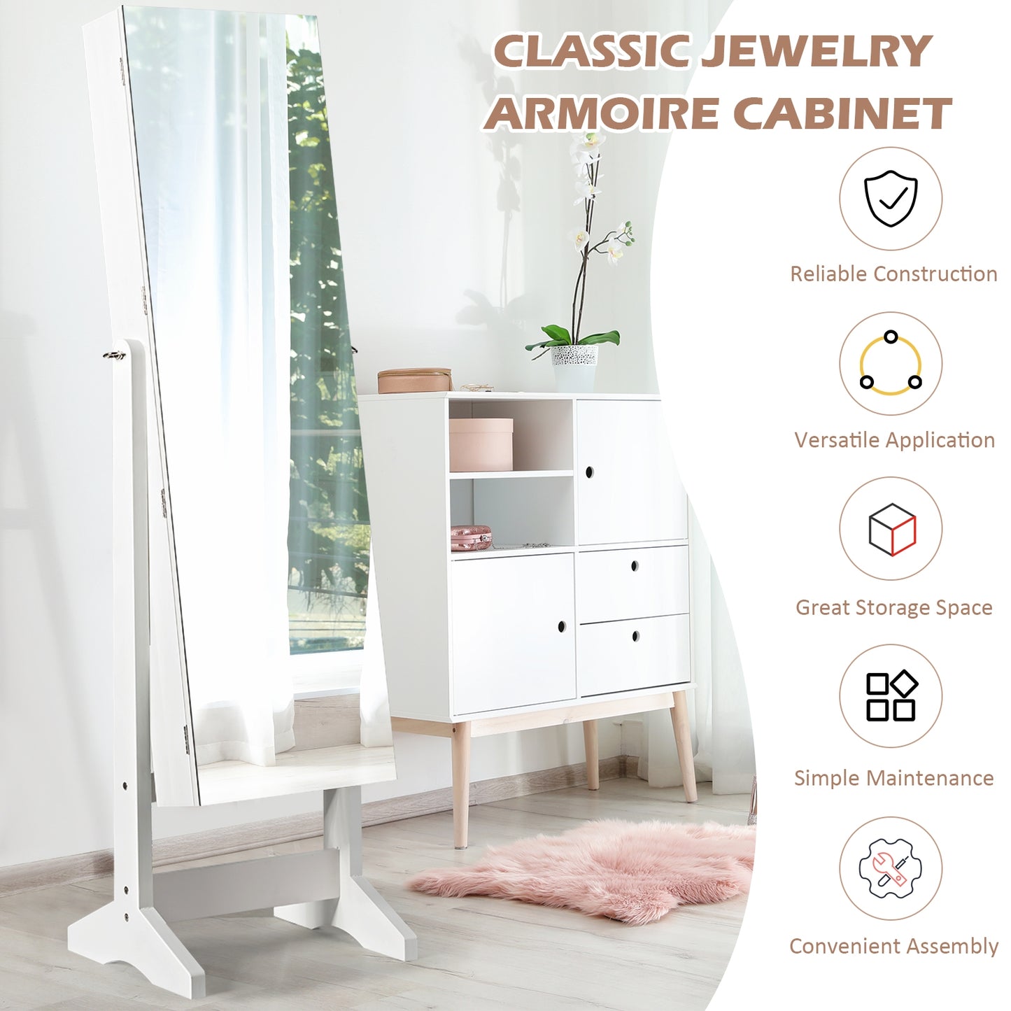 Freestanding Jewelry Armoire with Full-Length Mirror and Lockable Storage Organizer – White