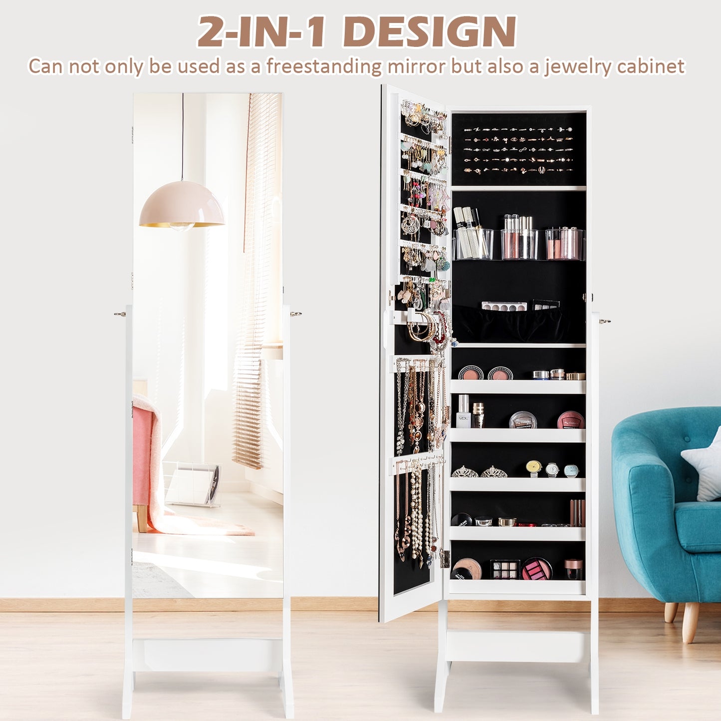Freestanding Jewelry Armoire with Full-Length Mirror and Lockable Storage Organizer – White