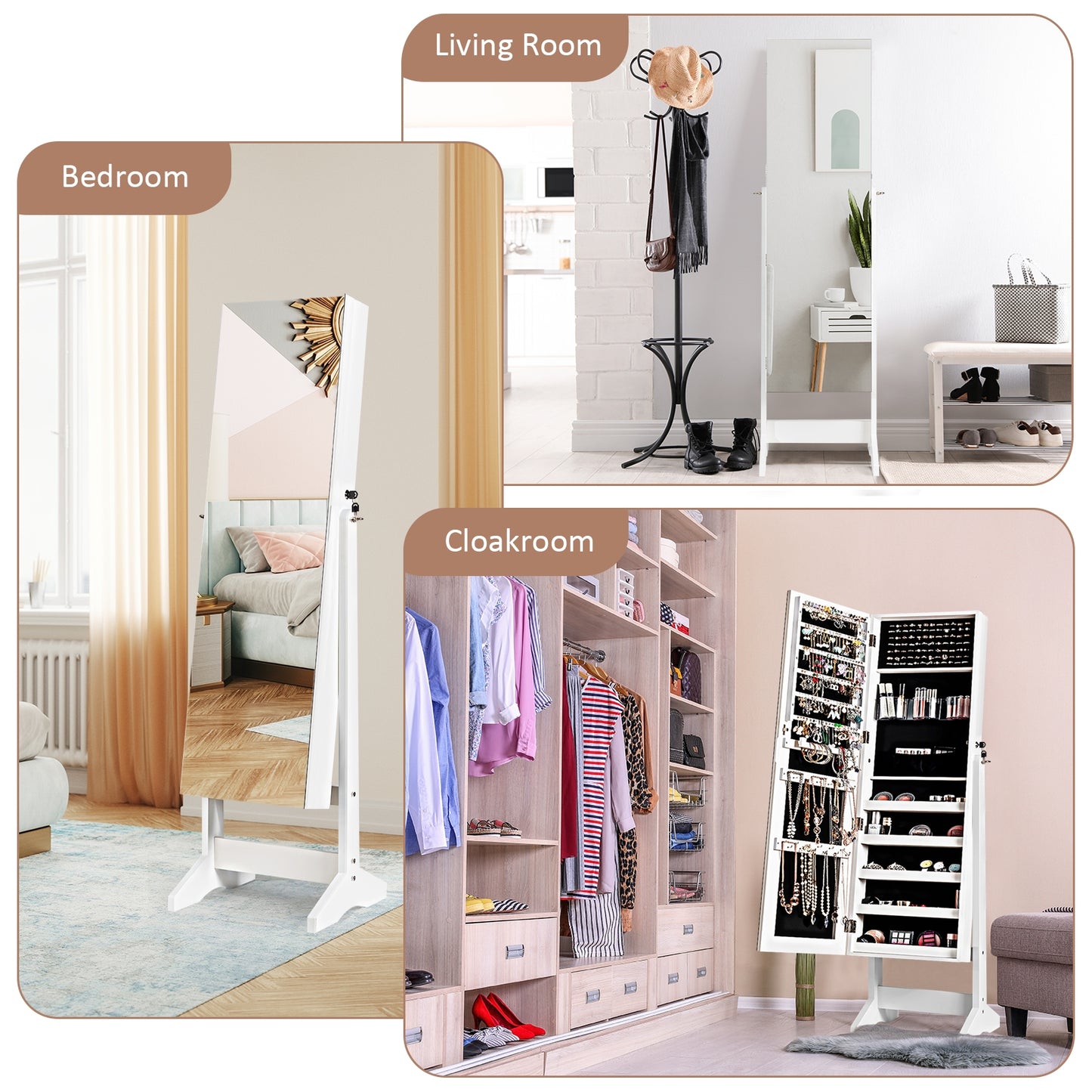 Freestanding Jewelry Armoire with Full-Length Mirror and Lockable Storage Organizer – White