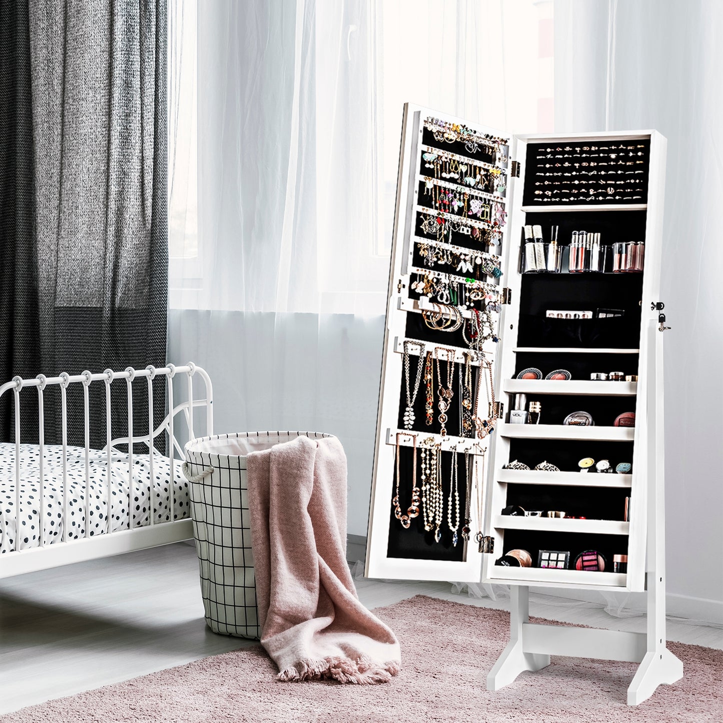 Freestanding Jewelry Armoire with Full-Length Mirror and Lockable Storage Organizer – White