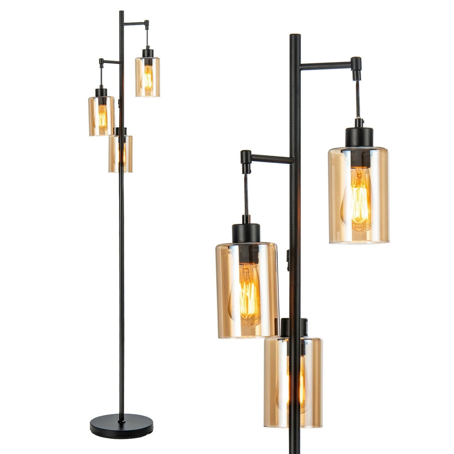 3 Head Retro Floor Lamp with Elegant Amber Glass Shades