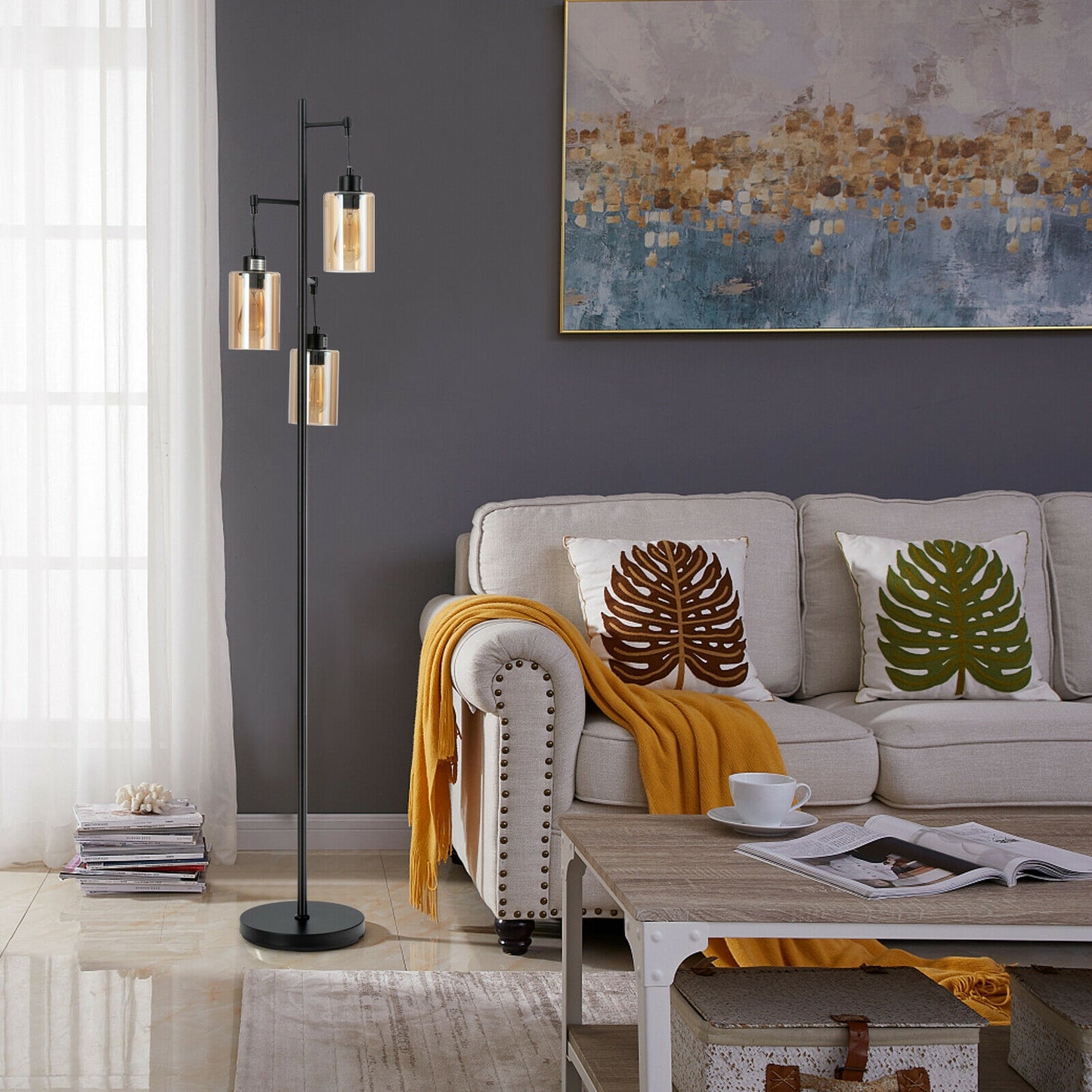 3 Head Retro Floor Lamp with Elegant Amber Glass Shades