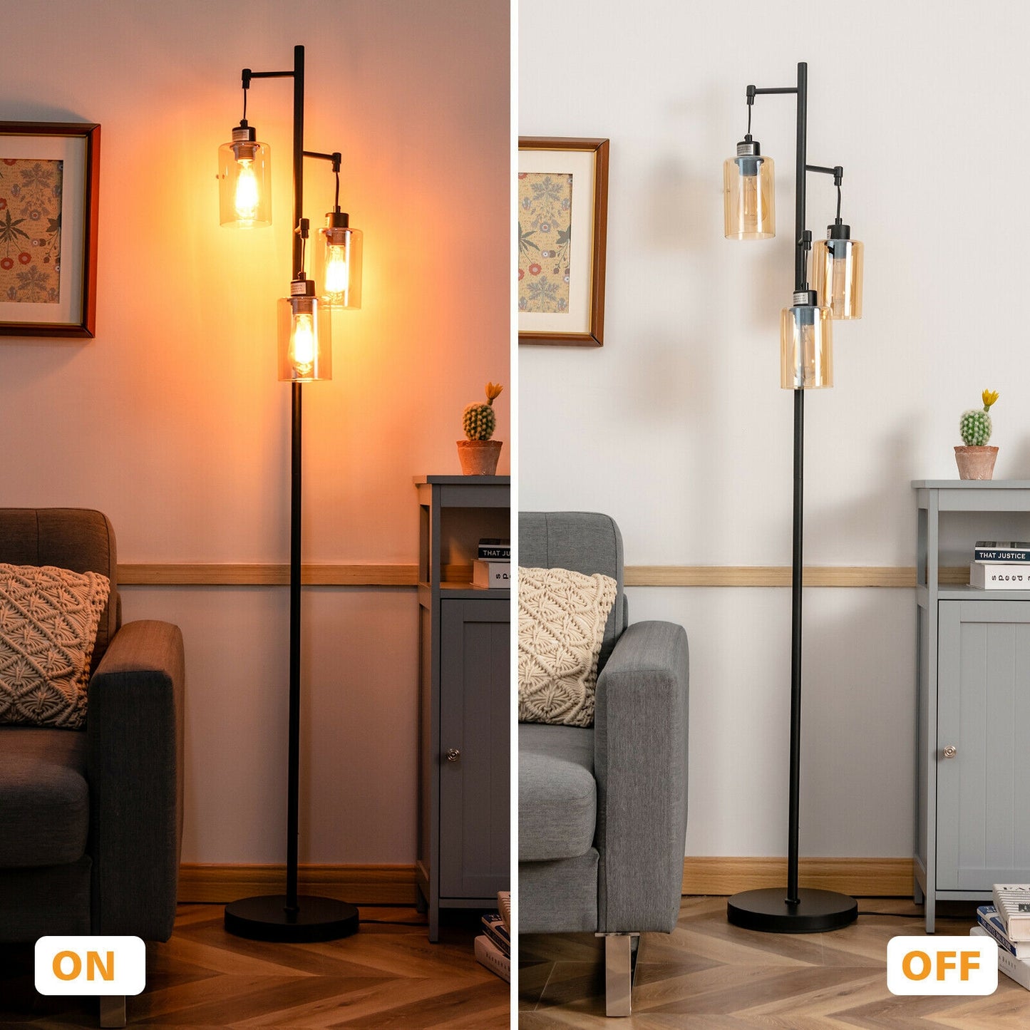 3 Head Retro Floor Lamp with Elegant Amber Glass Shades
