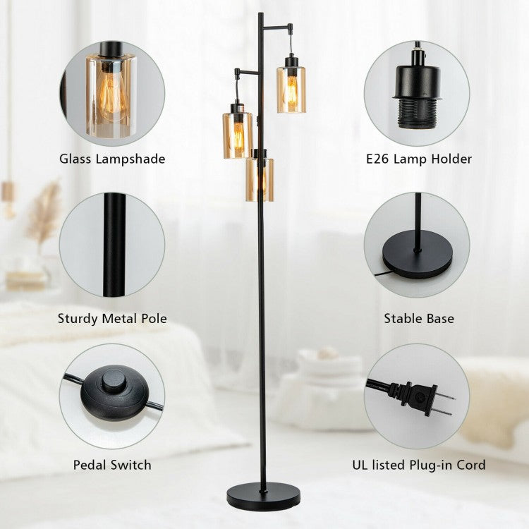 3 Head Retro Floor Lamp with Elegant Amber Glass Shades