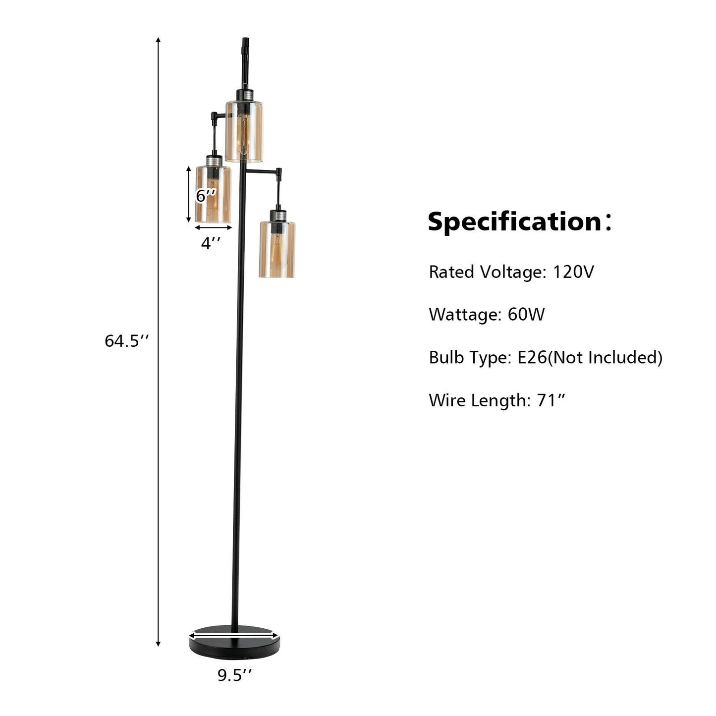 3 Head Retro Floor Lamp with Elegant Amber Glass Shades