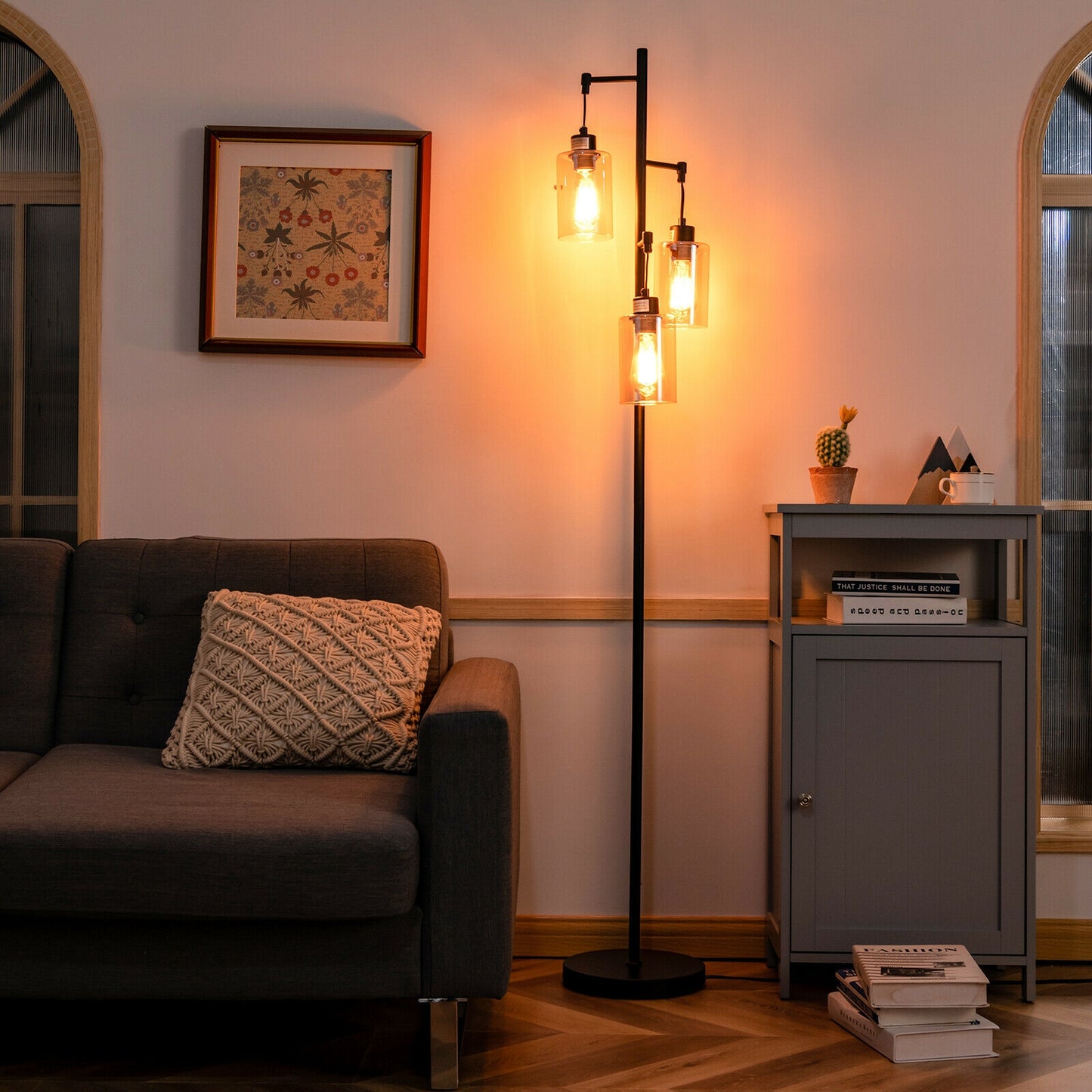 3 Head Retro Floor Lamp with Elegant Amber Glass Shades