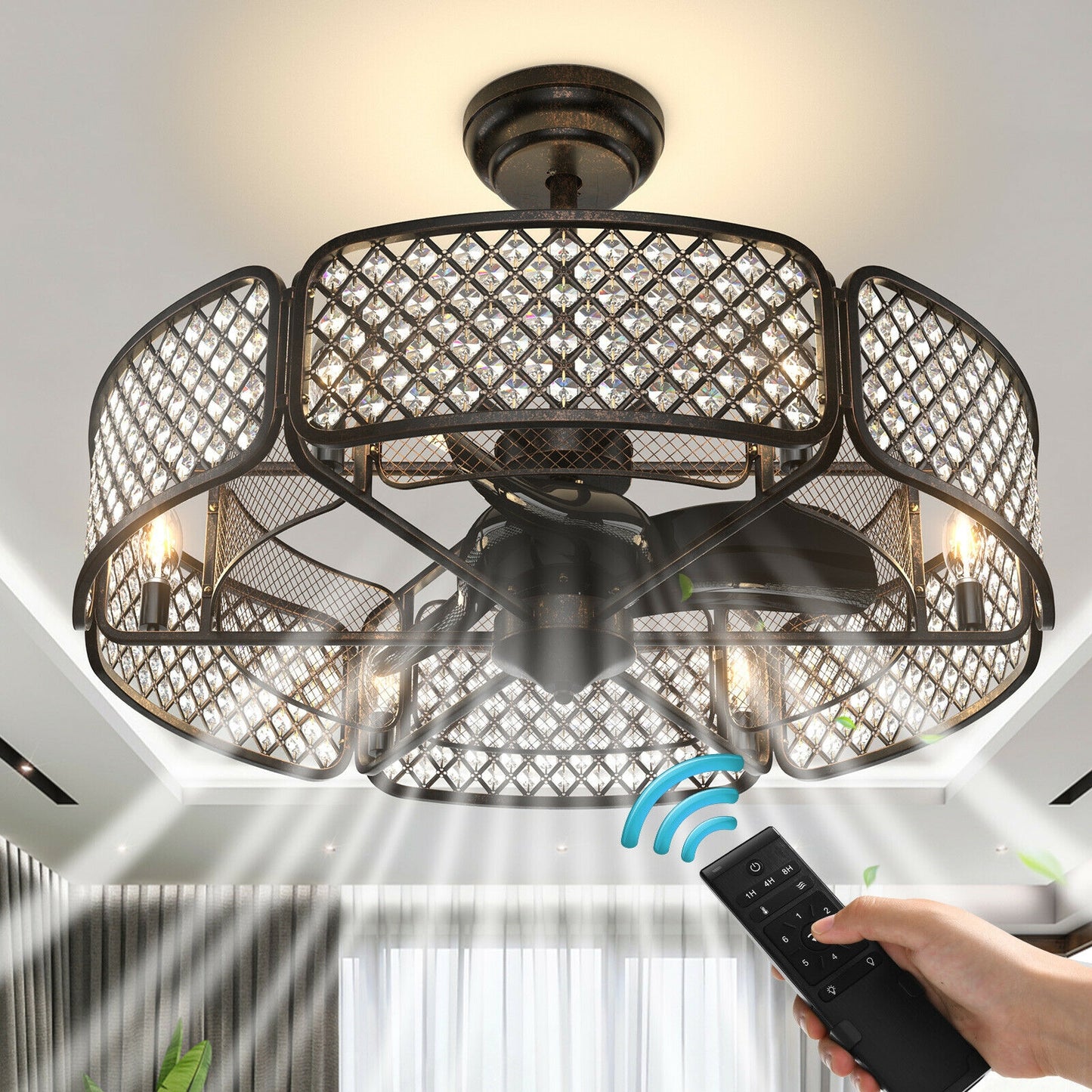 30 Inch Caged Ceiling Fan with Crystal Lampshade, 6-Light Bases & Remote Control – Coffee