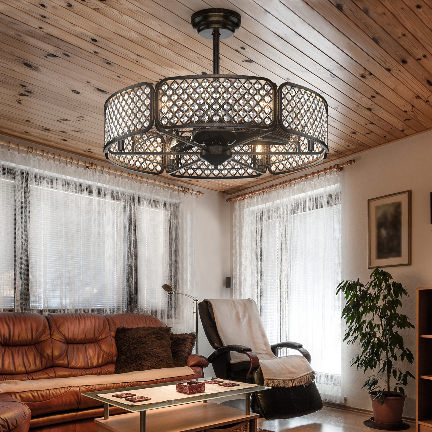 30 Inch Caged Ceiling Fan with Crystal Lampshade, 6-Light Bases & Remote Control – Coffee