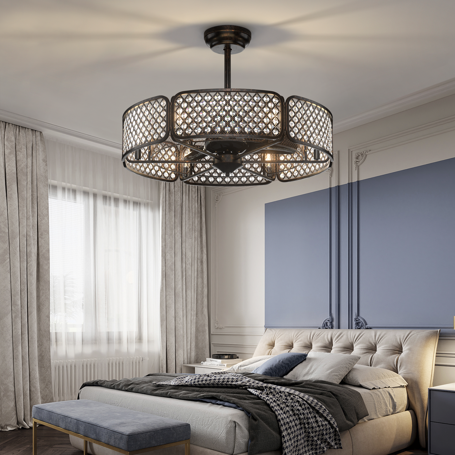 30 Inch Caged Ceiling Fan with Crystal Lampshade, 6-Light Bases & Remote Control – Coffee