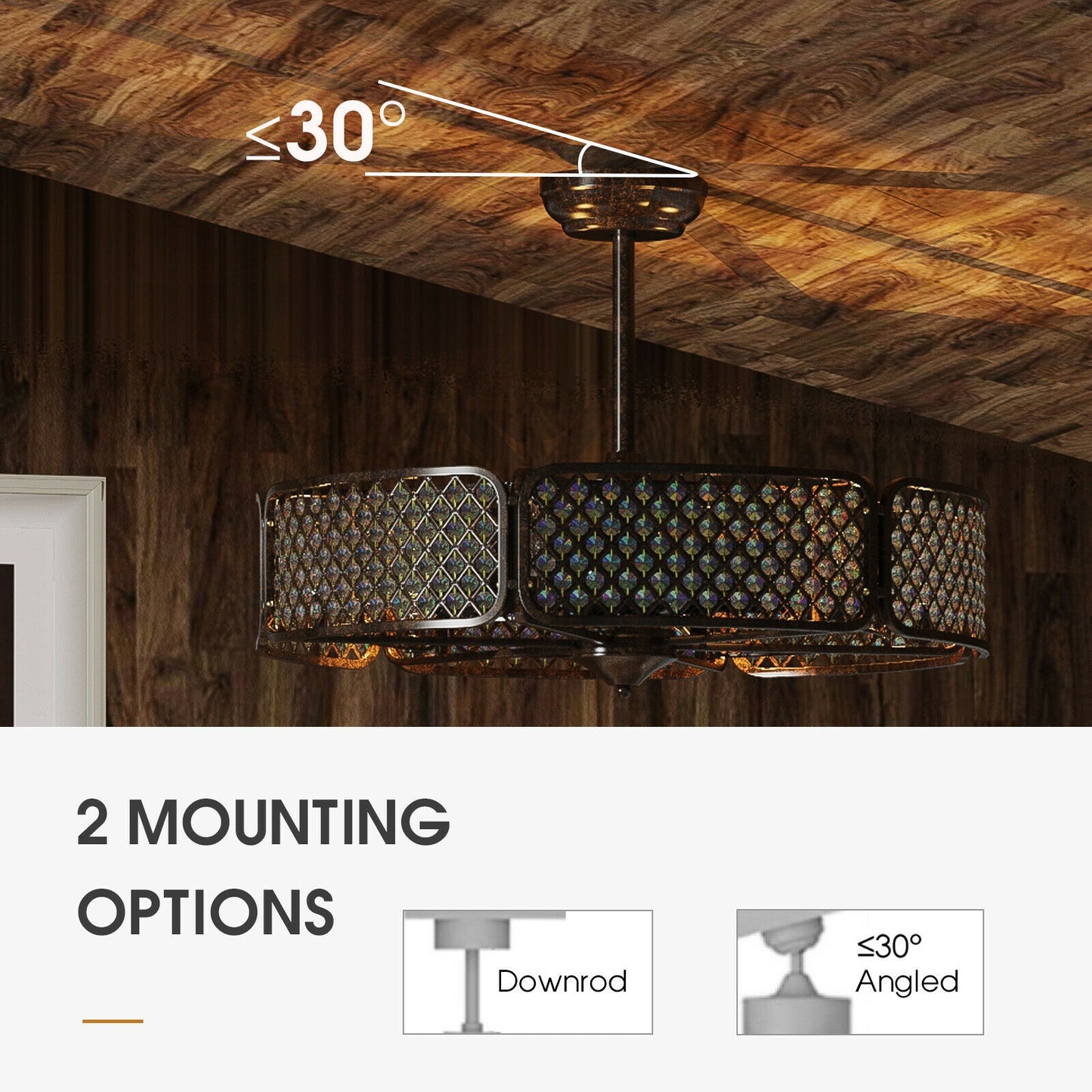 30 Inch Caged Ceiling Fan with Crystal Lampshade, 6-Light Bases & Remote Control – Coffee