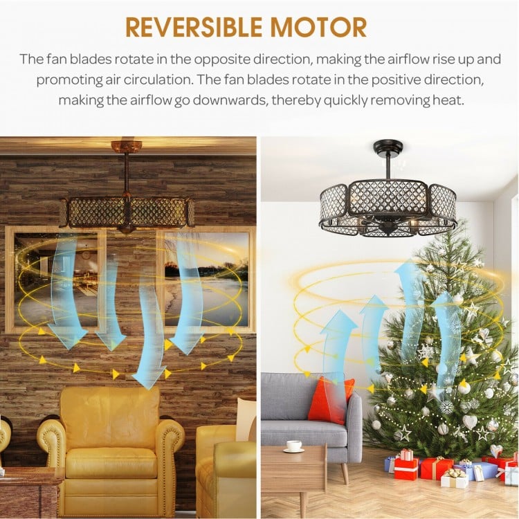 30 Inch Caged Ceiling Fan with Crystal Lampshade, 6-Light Bases & Remote Control – Coffee