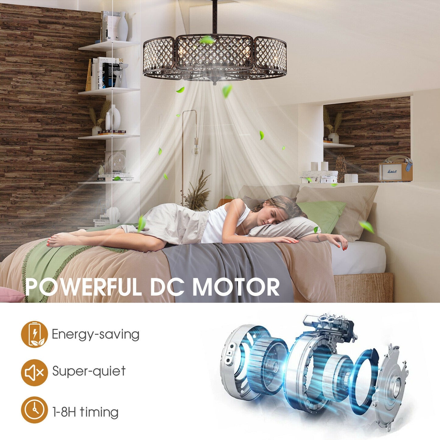 30 Inch Caged Ceiling Fan with Crystal Lampshade, 6-Light Bases & Remote Control – Coffee