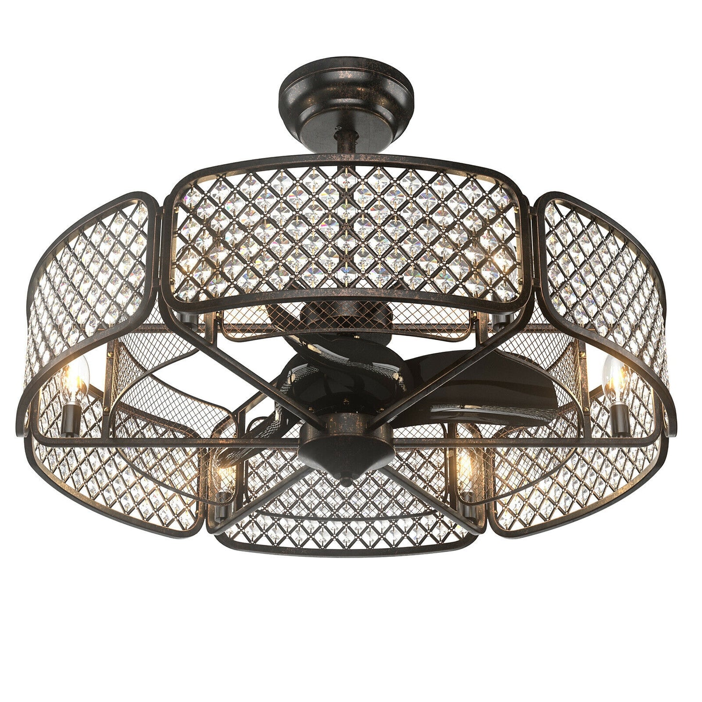 30 Inch Caged Ceiling Fan with Crystal Lampshade, 6-Light Bases & Remote Control – Coffee