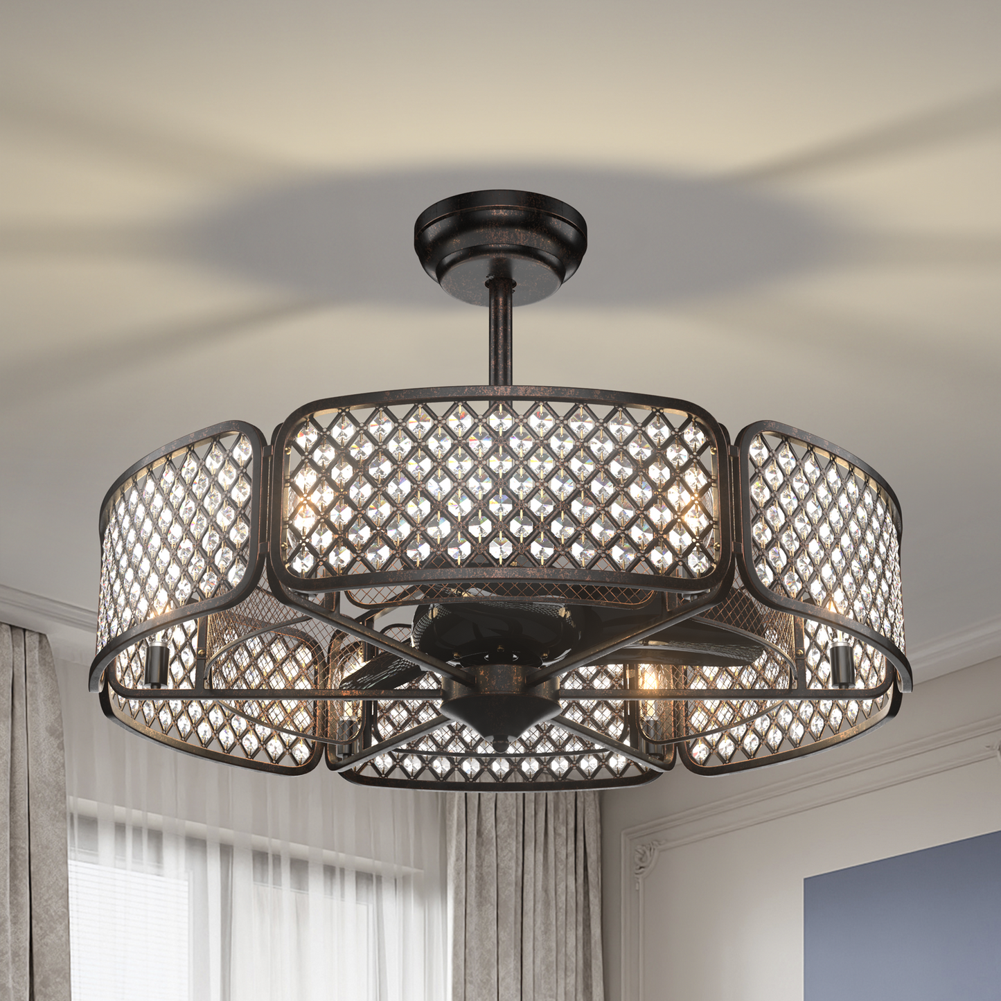 30 Inch Caged Ceiling Fan with Crystal Lampshade, 6-Light Bases & Remote Control – Coffee