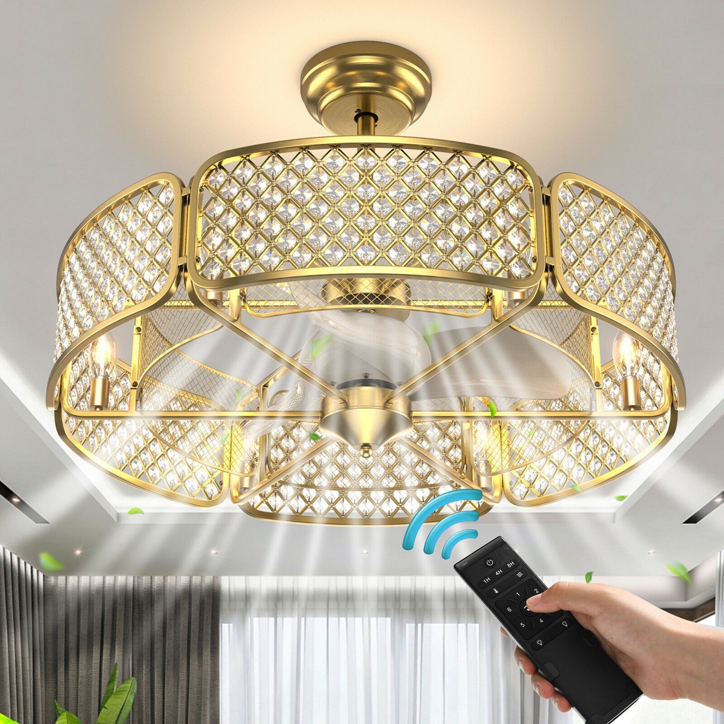 30 Inch Caged Ceiling Fan with Crystal Lampshade, 6-Light Bases & Remote Control – Golden