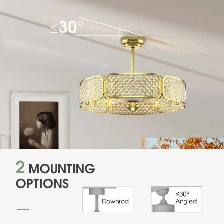 30 Inch Caged Ceiling Fan with Crystal Lampshade, 6-Light Bases & Remote Control – Golden