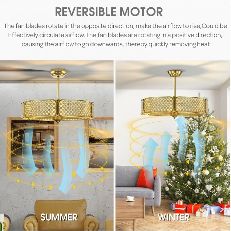 30 Inch Caged Ceiling Fan with Crystal Lampshade, 6-Light Bases & Remote Control – Golden