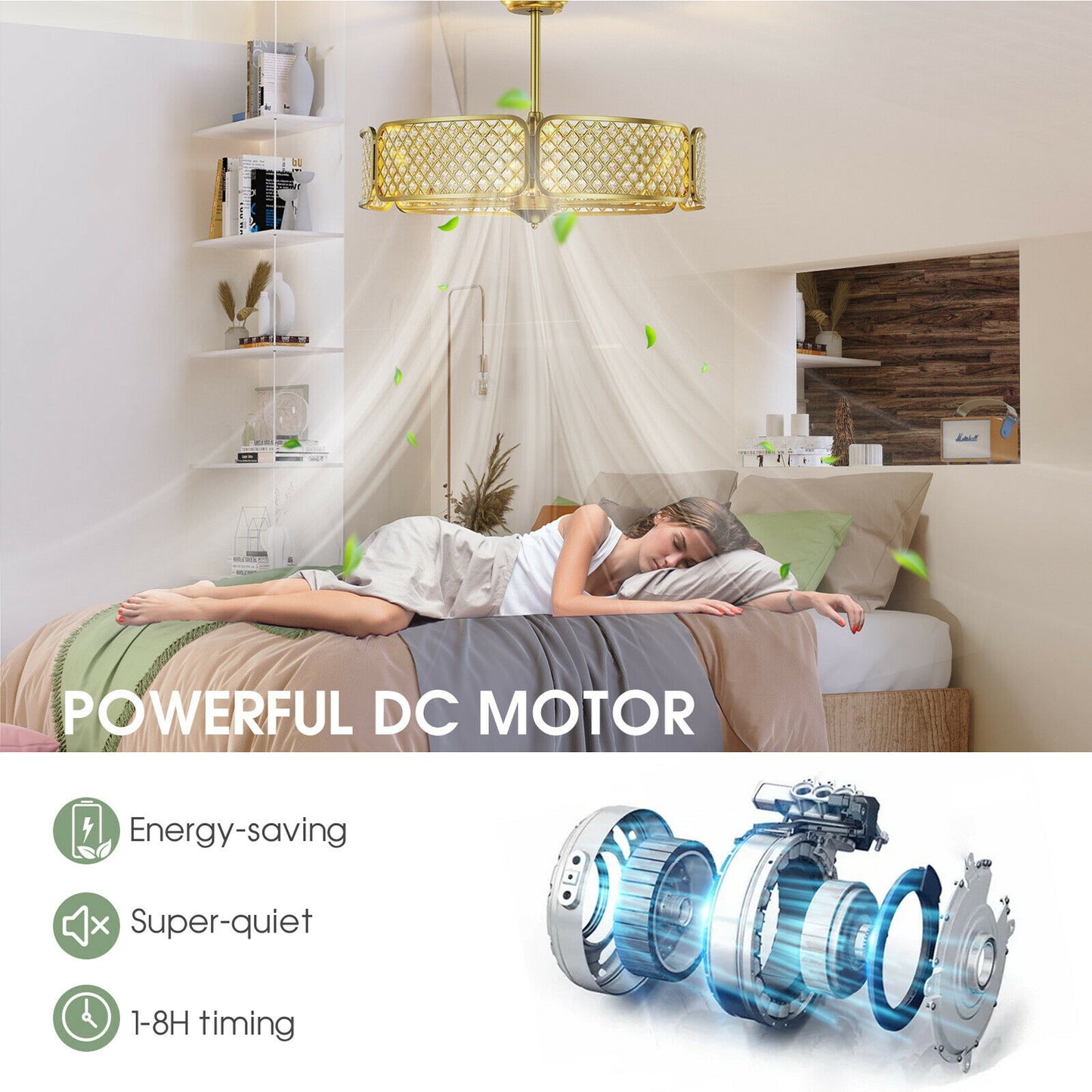 30 Inch Caged Ceiling Fan with Crystal Lampshade, 6-Light Bases & Remote Control – Golden