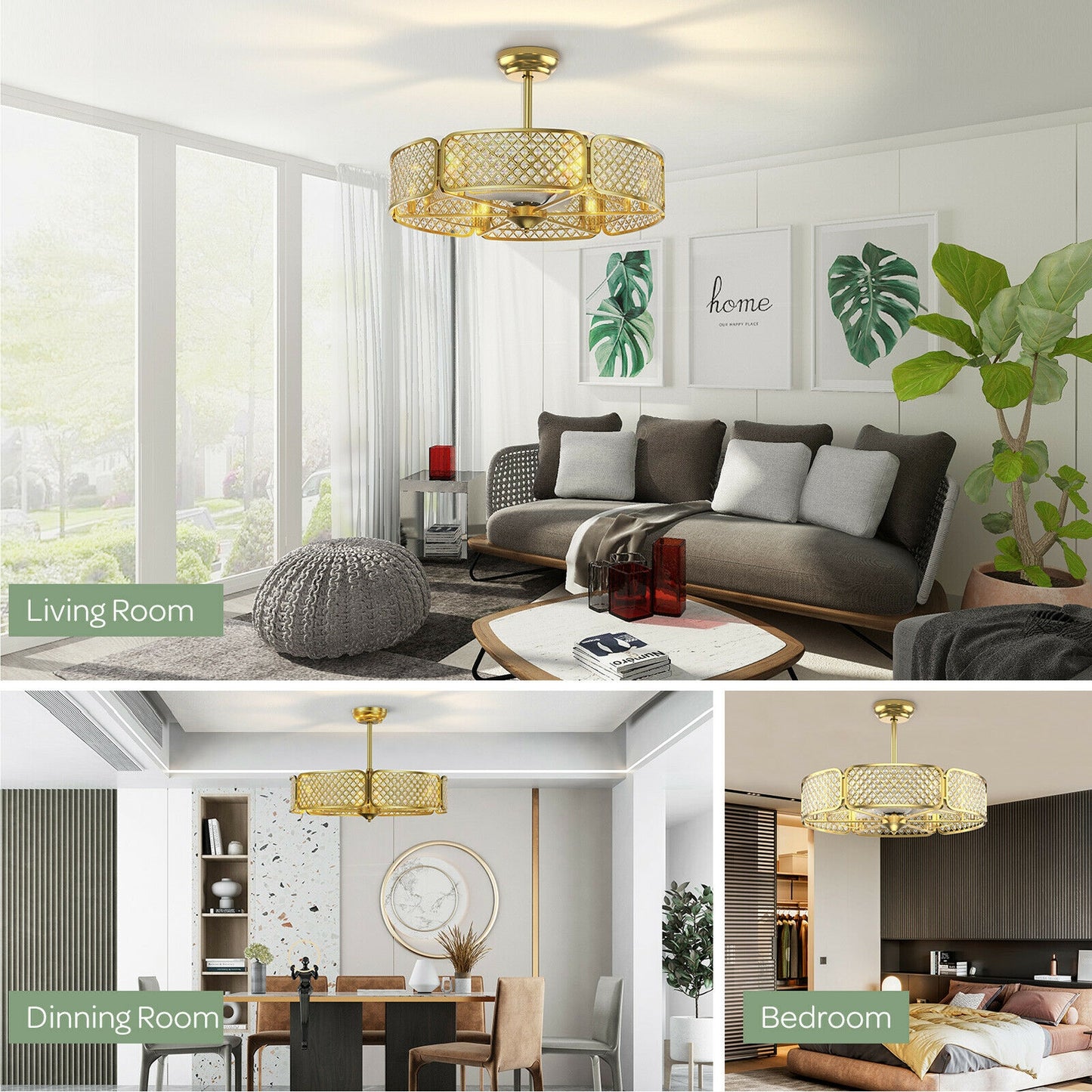30 Inch Caged Ceiling Fan with Crystal Lampshade, 6-Light Bases & Remote Control – Golden