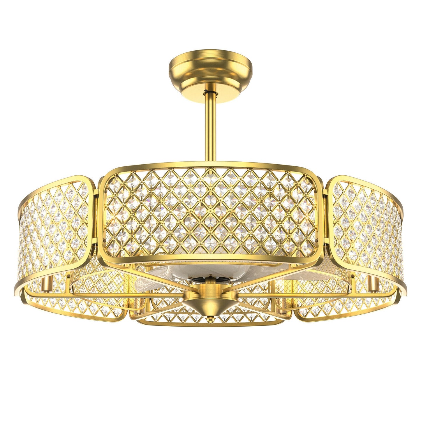 30 Inch Caged Ceiling Fan with Crystal Lampshade, 6-Light Bases & Remote Control – Golden