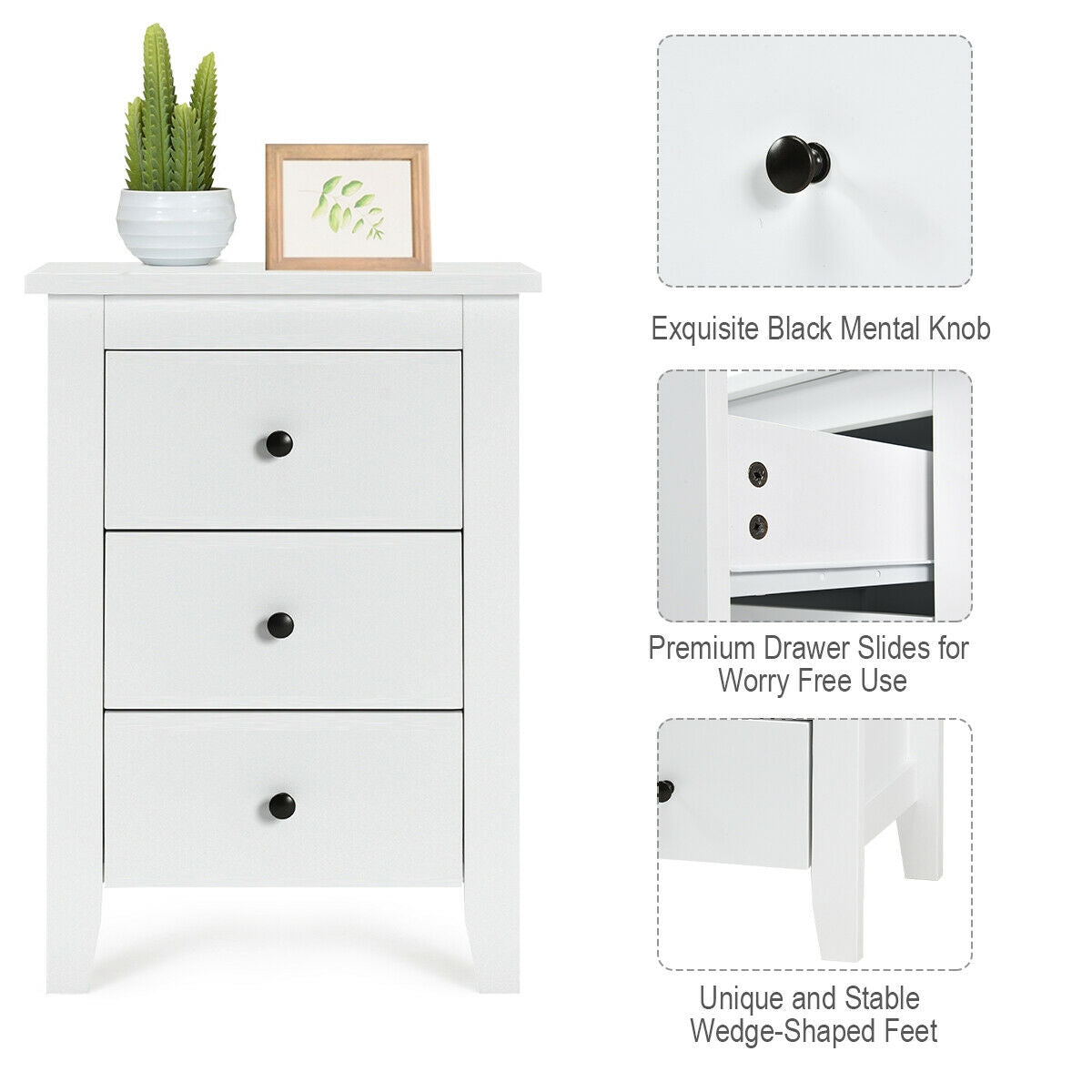 Set of 2 Nightstands with 3 Drawers Modern Bedside End Tables White