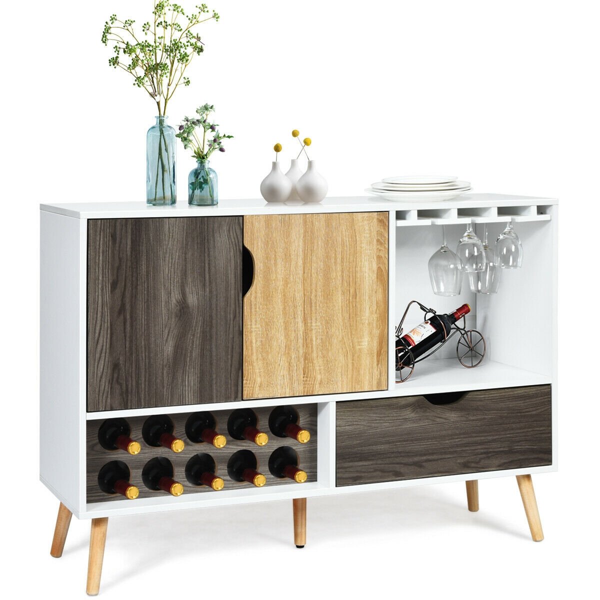 Mid Century Modern Wood Sideboard Buffet Cabinet with Storage Drawers and Doors