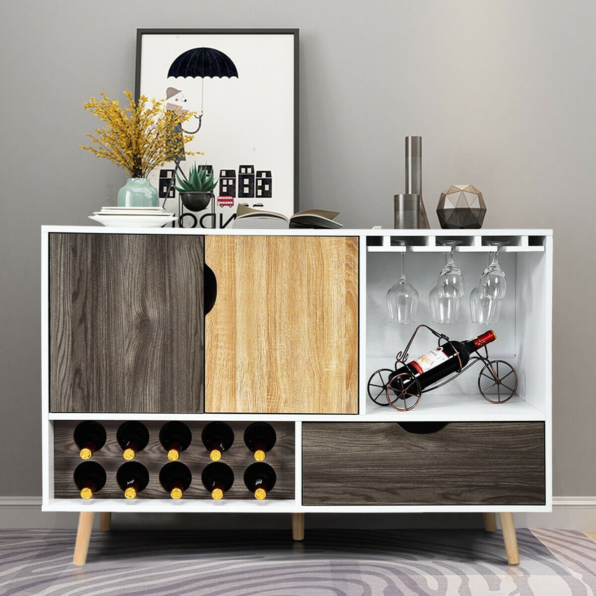 Mid Century Modern Wood Sideboard Buffet Cabinet with Storage Drawers and Doors