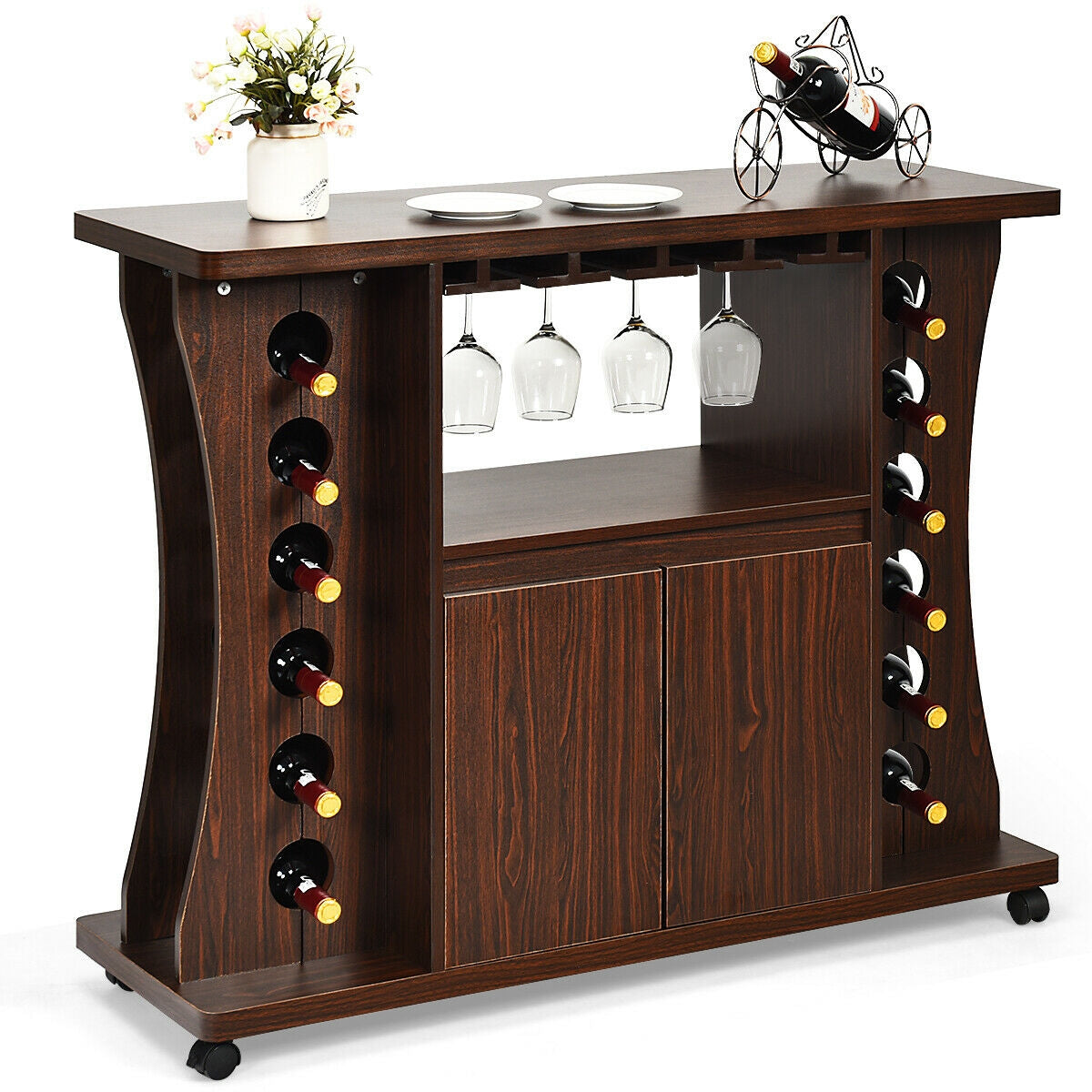 Mobile Wooden Buffet Sideboard with Wine Storage and Cabinet on Wheels