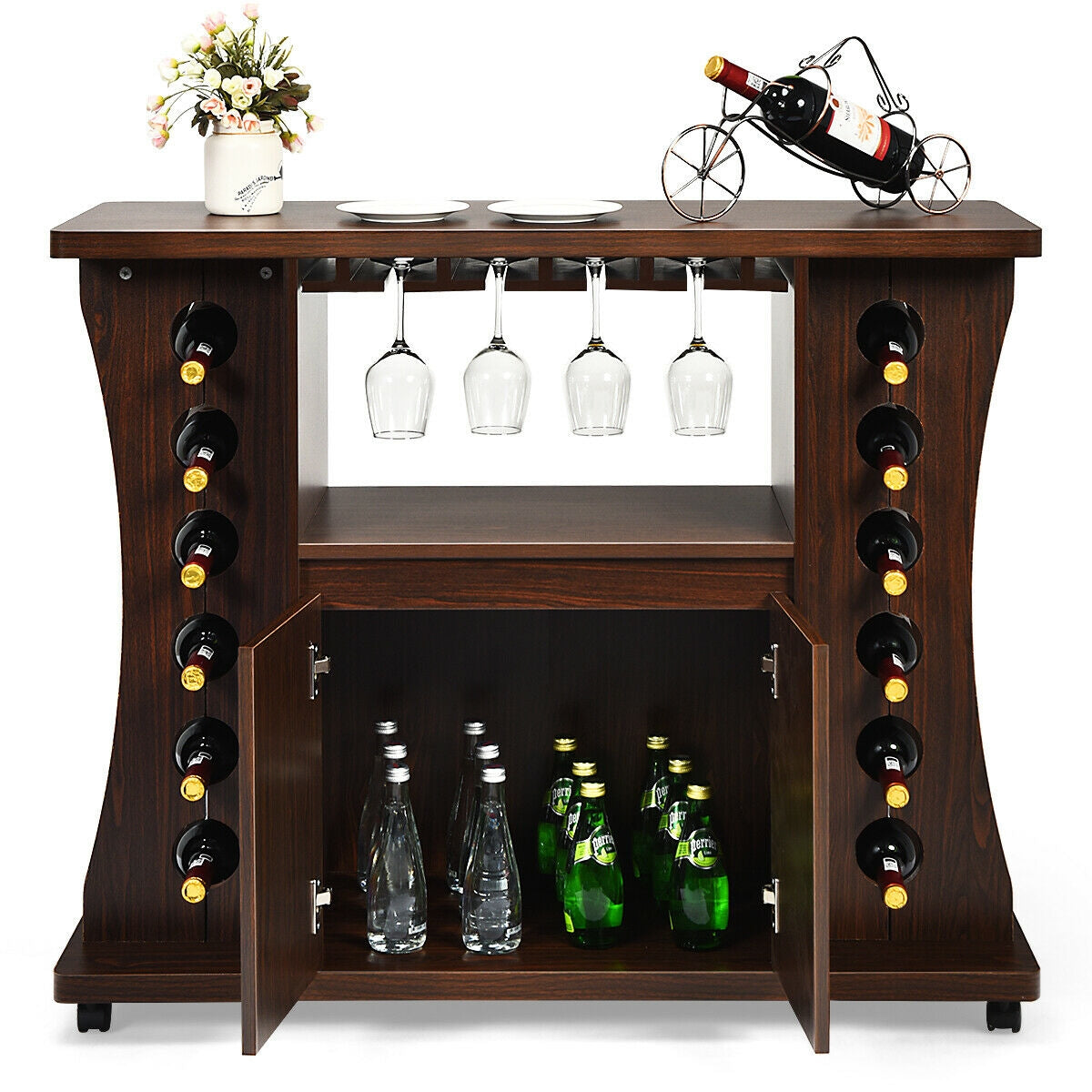 Mobile Wooden Buffet Sideboard with Wine Storage and Cabinet on Wheels