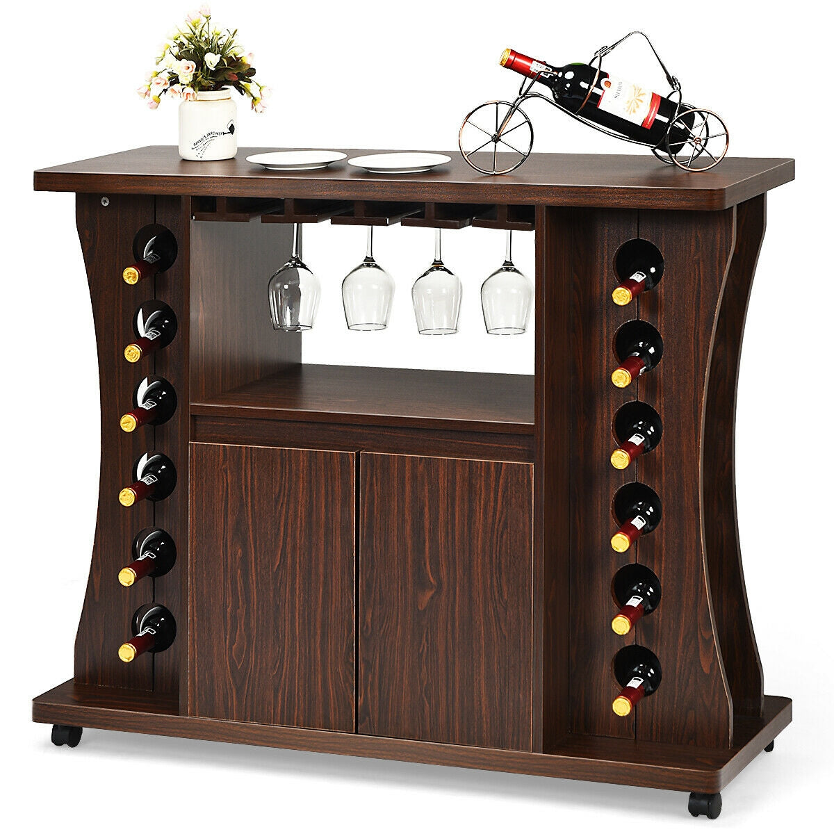 Mobile Wooden Buffet Sideboard with Wine Storage and Cabinet on Wheels