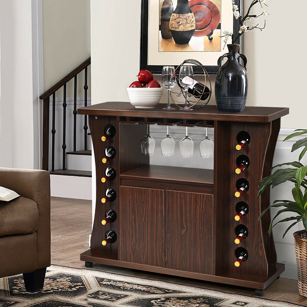 Mobile Wooden Buffet Sideboard with Wine Storage and Cabinet on Wheels