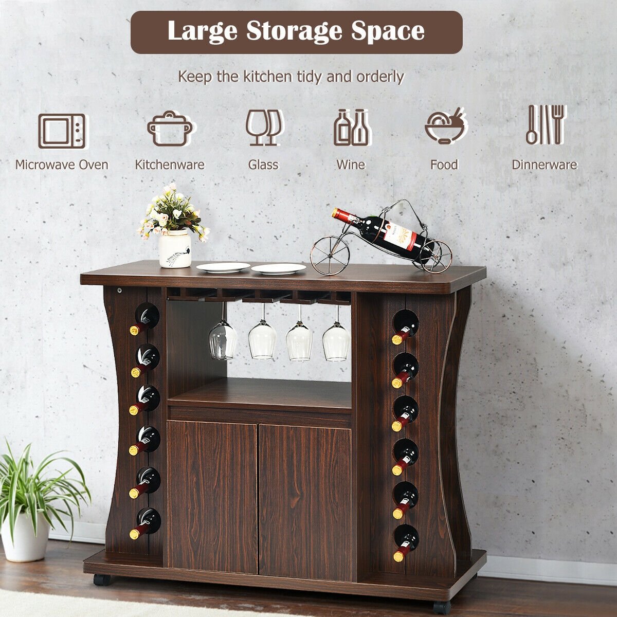 Mobile Wooden Buffet Sideboard with Wine Storage and Cabinet on Wheels