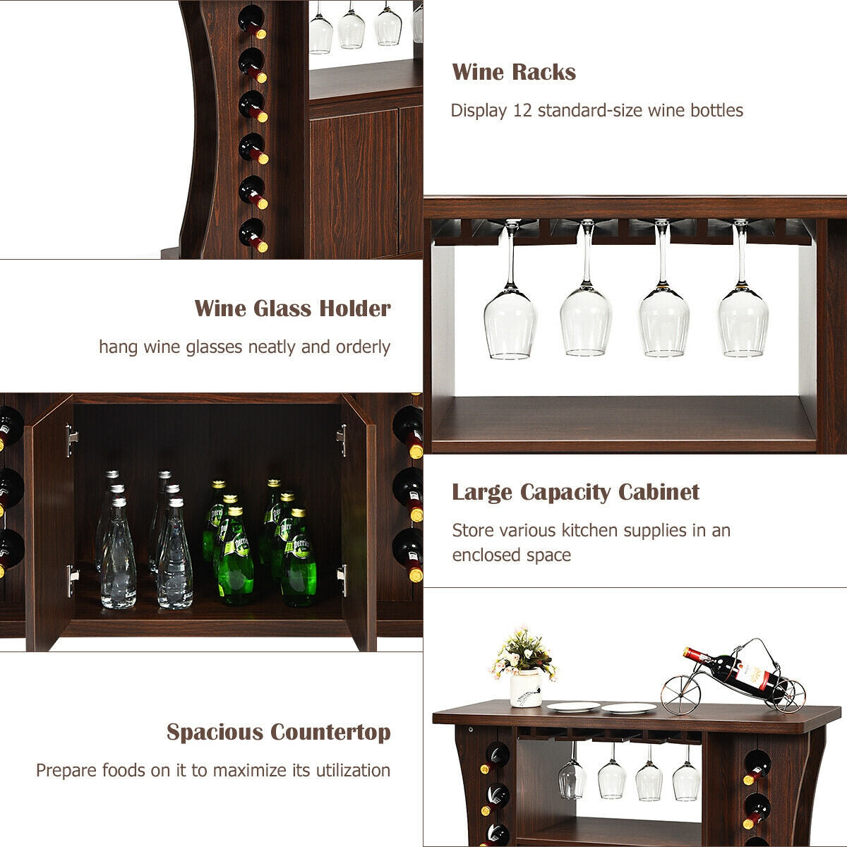 Mobile Wooden Buffet Sideboard with Wine Storage and Cabinet on Wheels