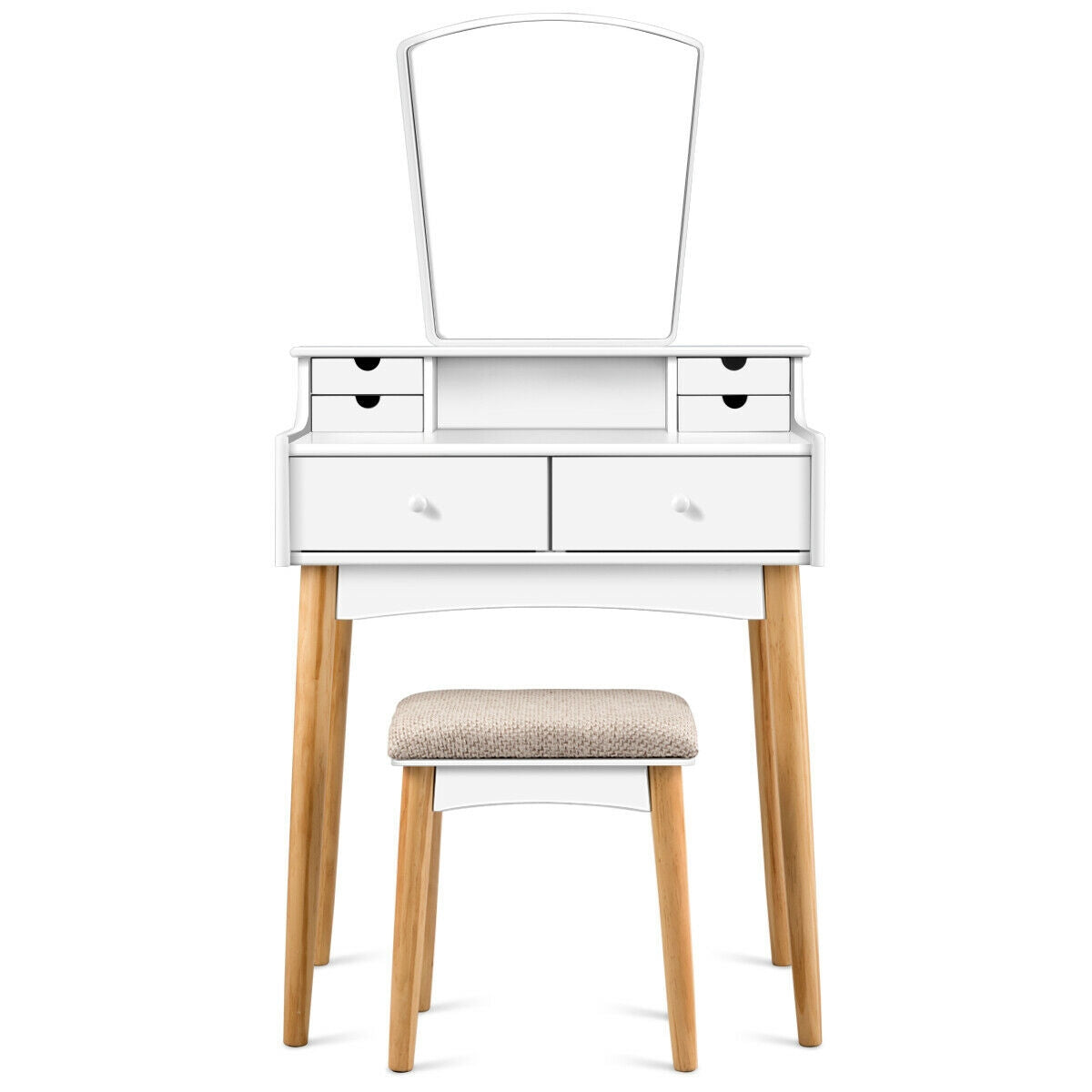 Modern Makeup Vanity Set with 6 Storage Drawers and Unique Shaped Mirror