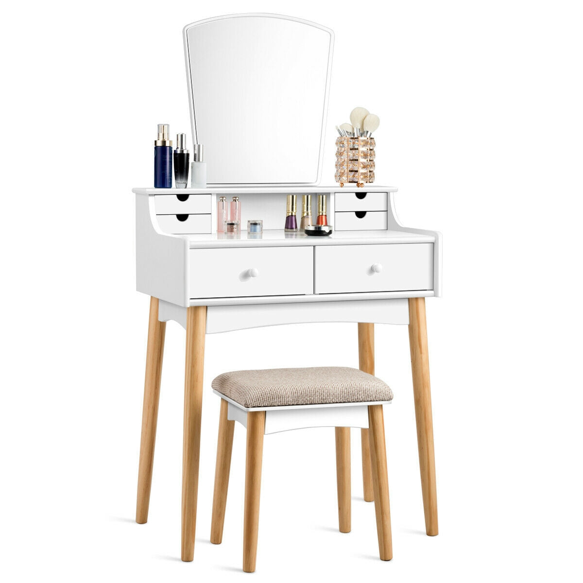 Modern Makeup Vanity Set with 6 Storage Drawers and Unique Shaped Mirror