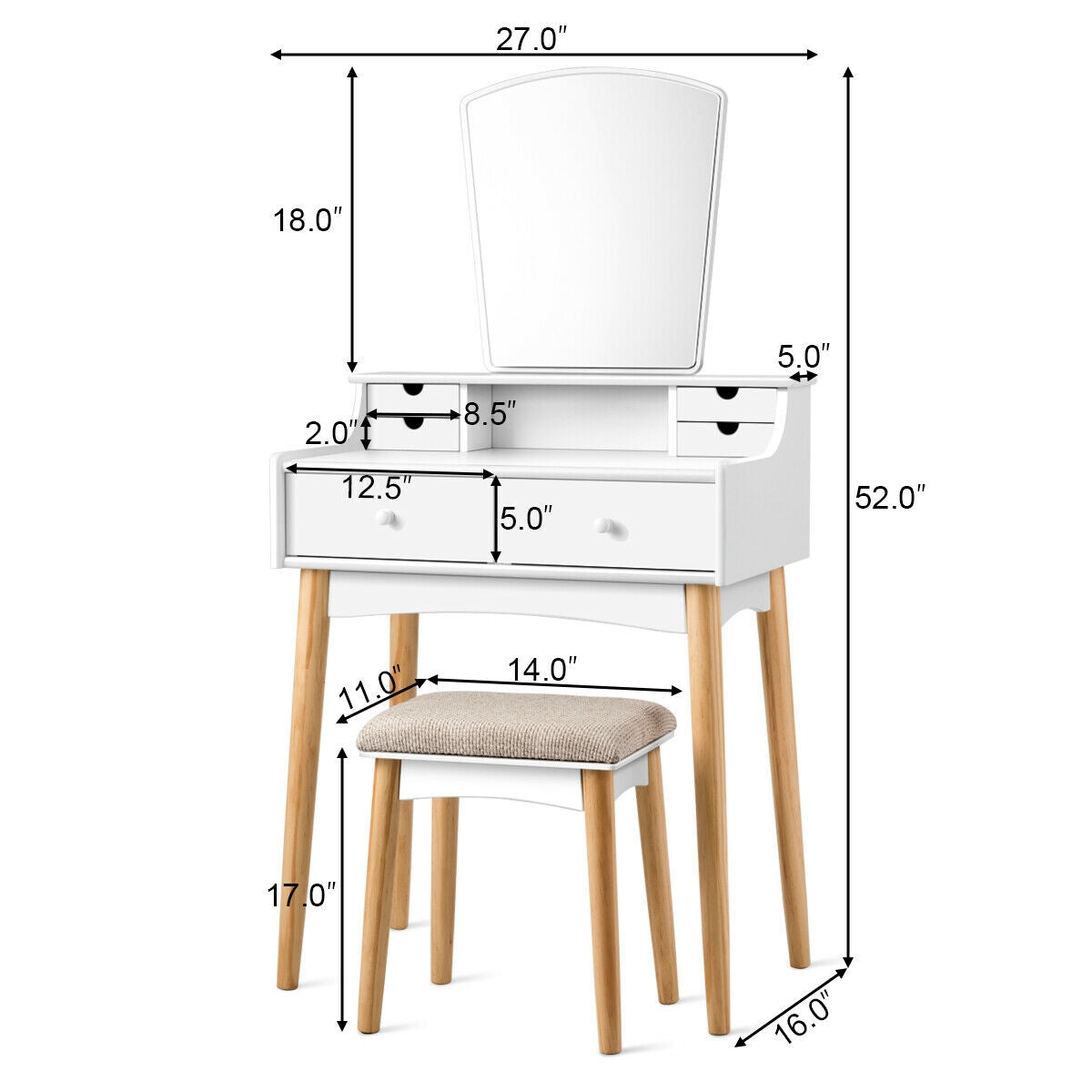 Modern Makeup Vanity Set with 6 Storage Drawers and Unique Shaped Mirror