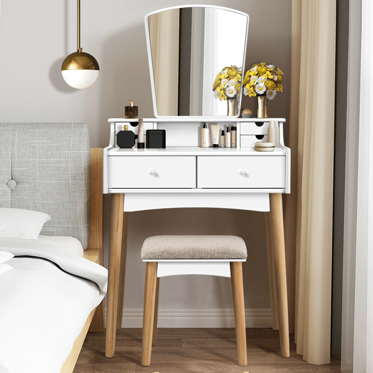 Modern Makeup Vanity Set with 6 Storage Drawers and Unique Shaped Mirror