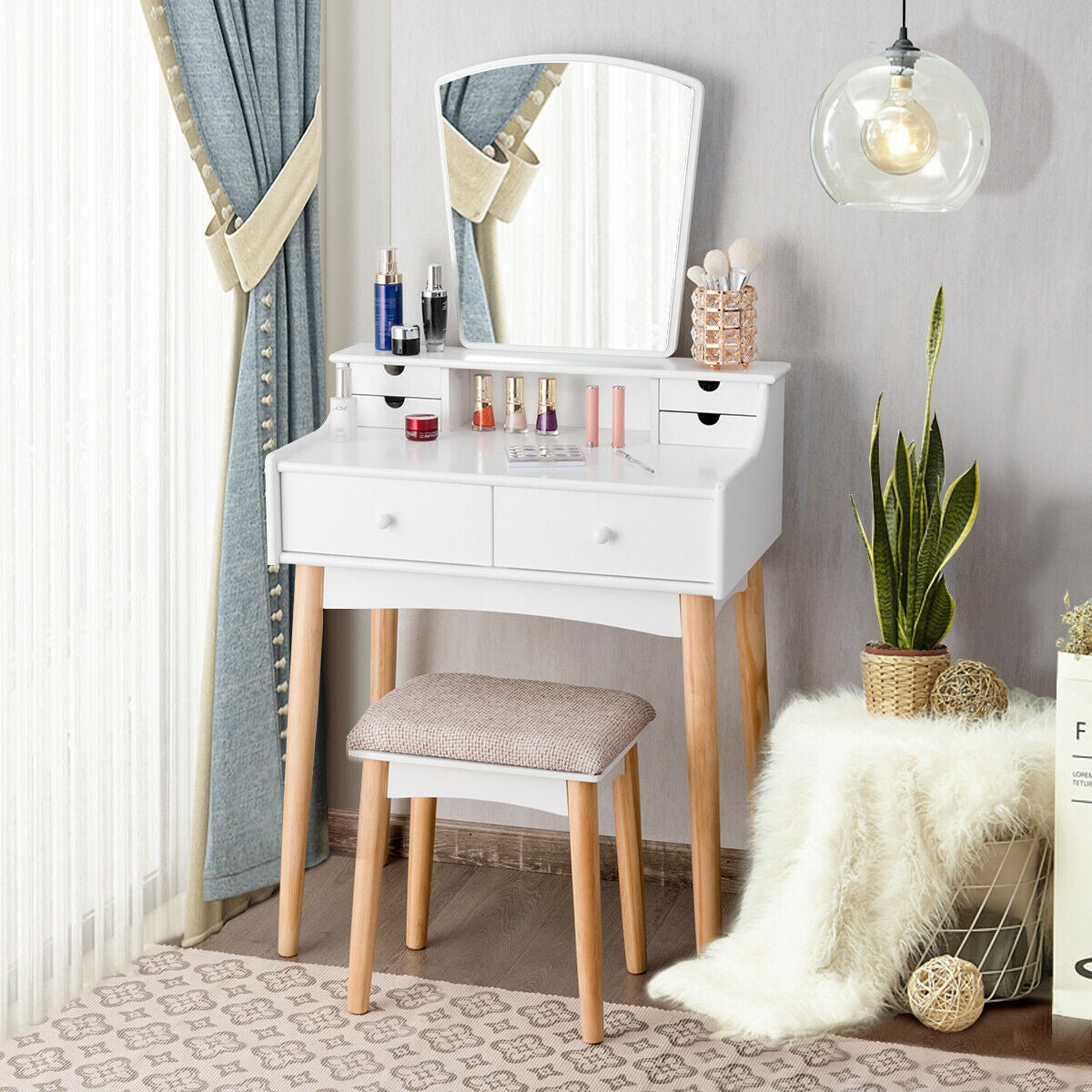 Modern Makeup Vanity Set with 6 Storage Drawers and Unique Shaped Mirror