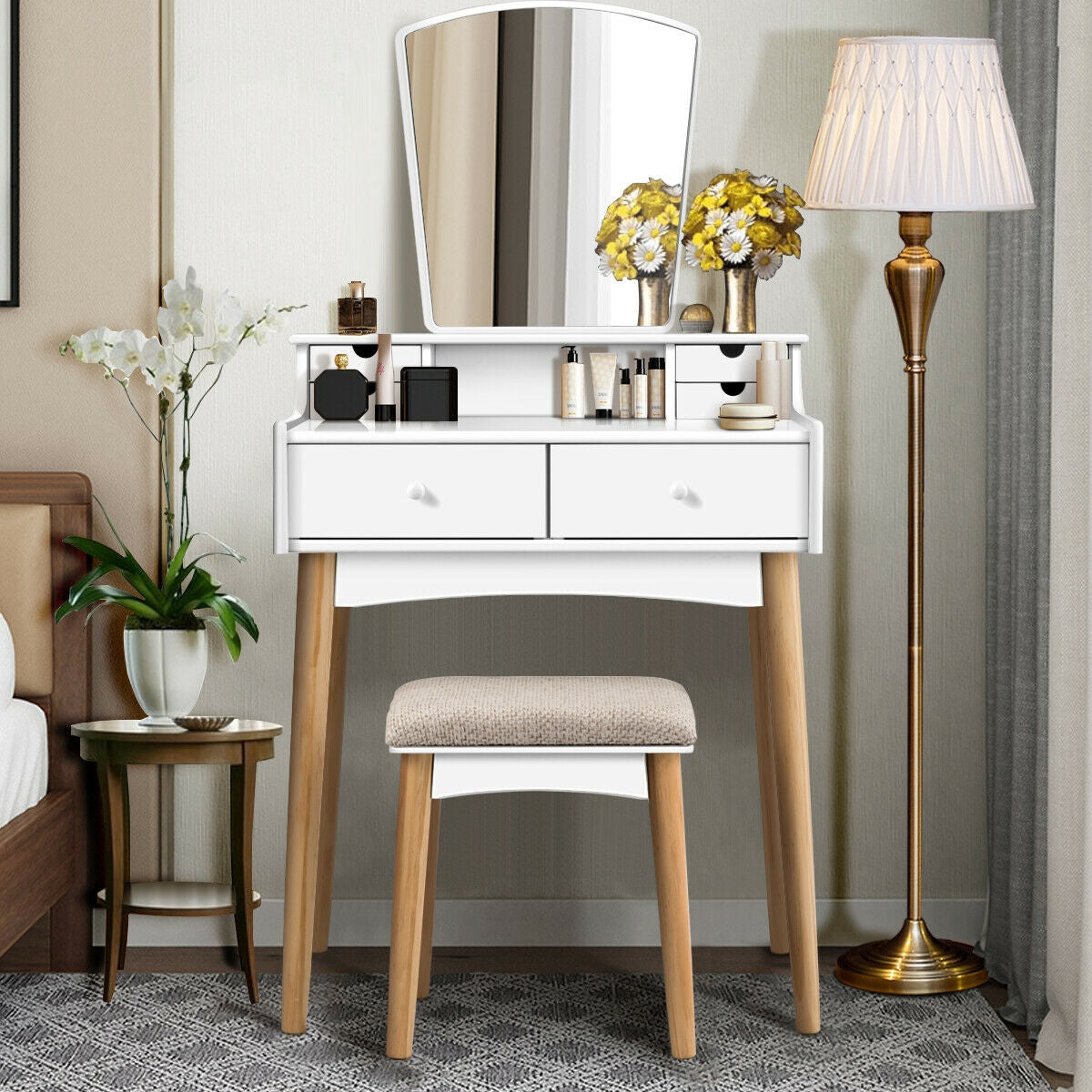 Modern Makeup Vanity Set with 6 Storage Drawers and Unique Shaped Mirror