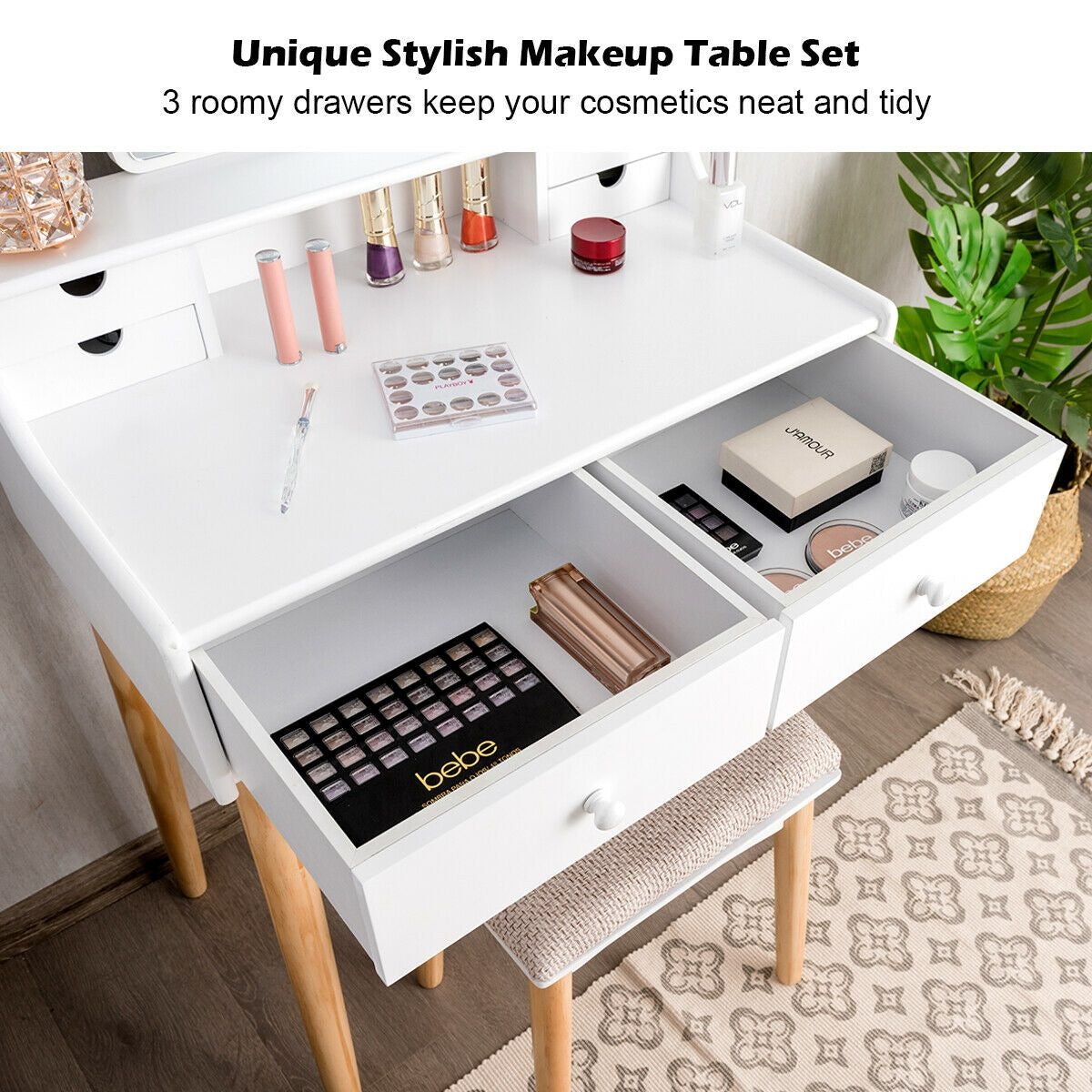 Modern Makeup Vanity Set with 6 Storage Drawers and Unique Shaped Mirror
