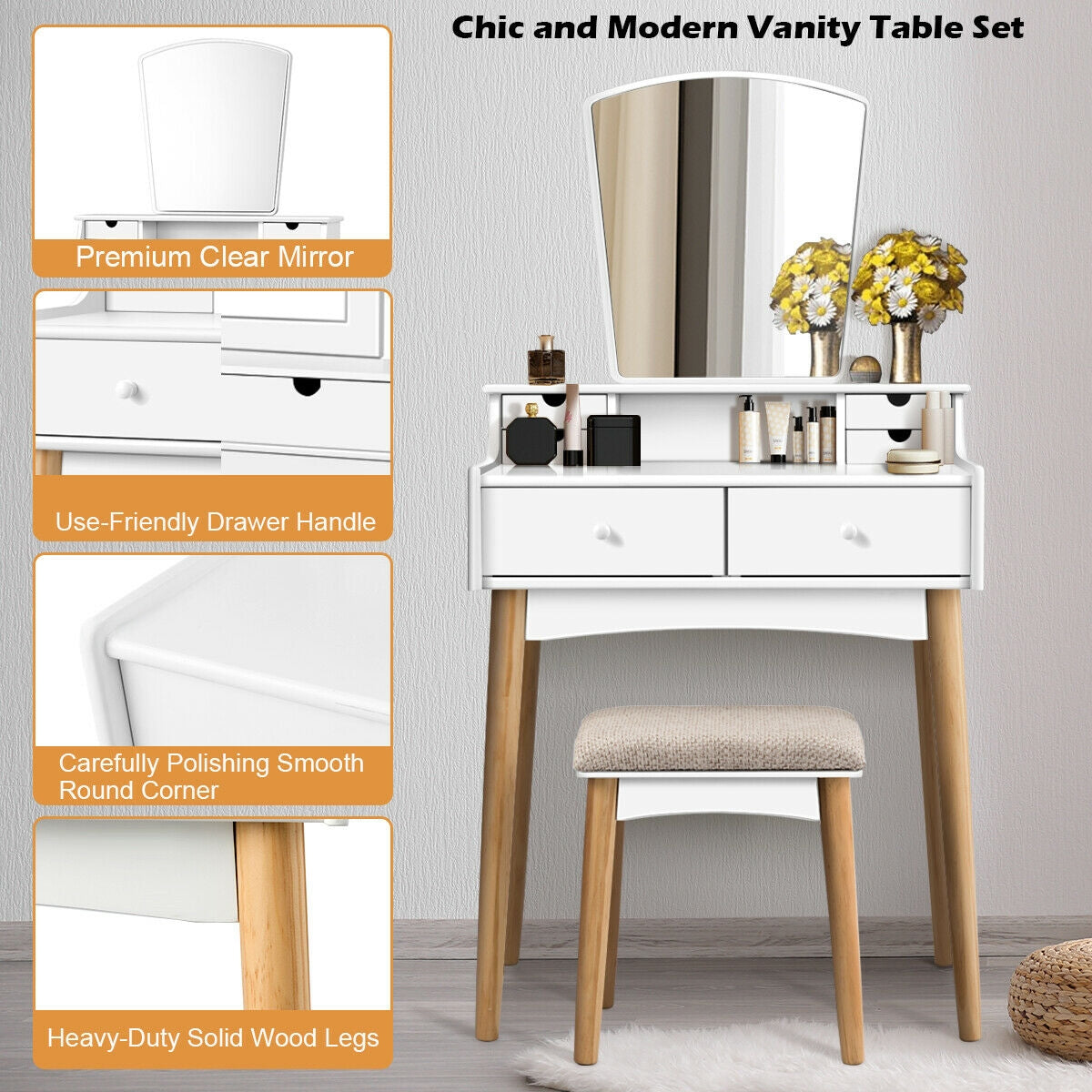 Modern Makeup Vanity Set with 6 Storage Drawers and Unique Shaped Mirror