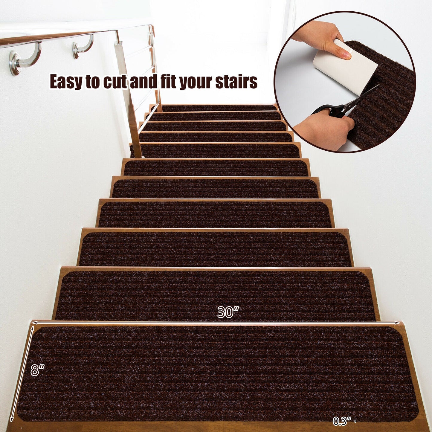 15 Pcs 30 x 8 Inch Slip-Resistant Stair Treads in Brown – Soft and Durable Carpet Mats